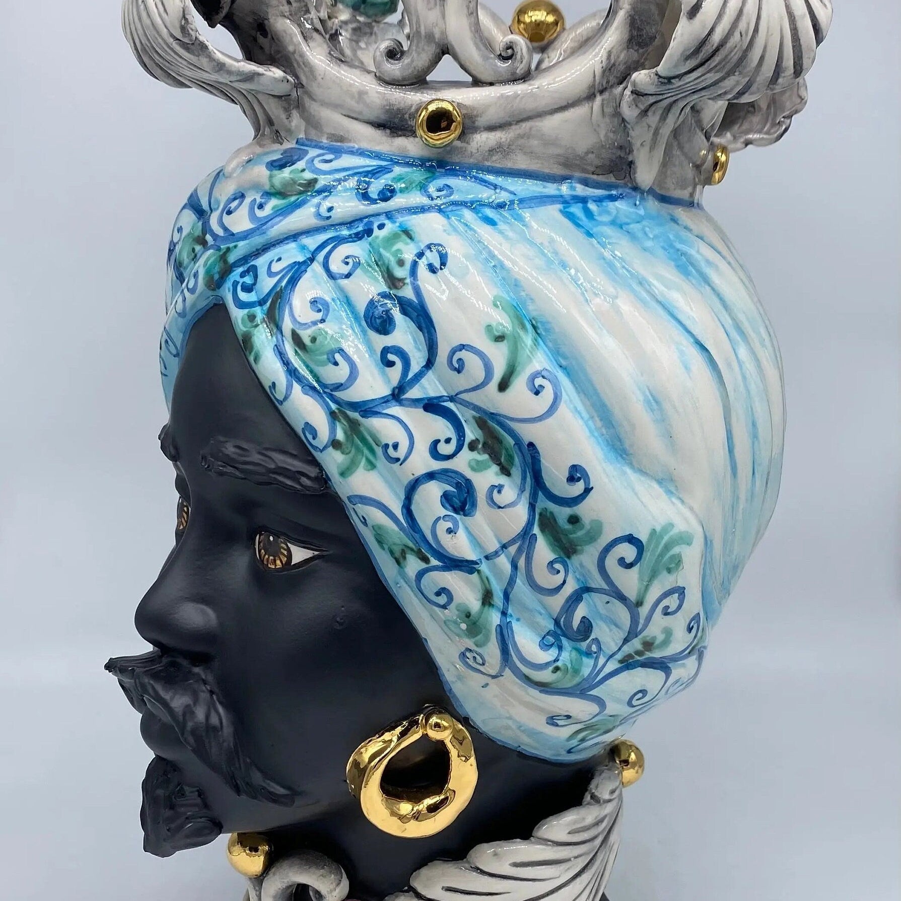 Teste di Moro Diana Ceramica Caltagirone cm H.40 L.25 Artigianale Celeste Oro Sfere Verde DD CERAMICHE SICILIANE