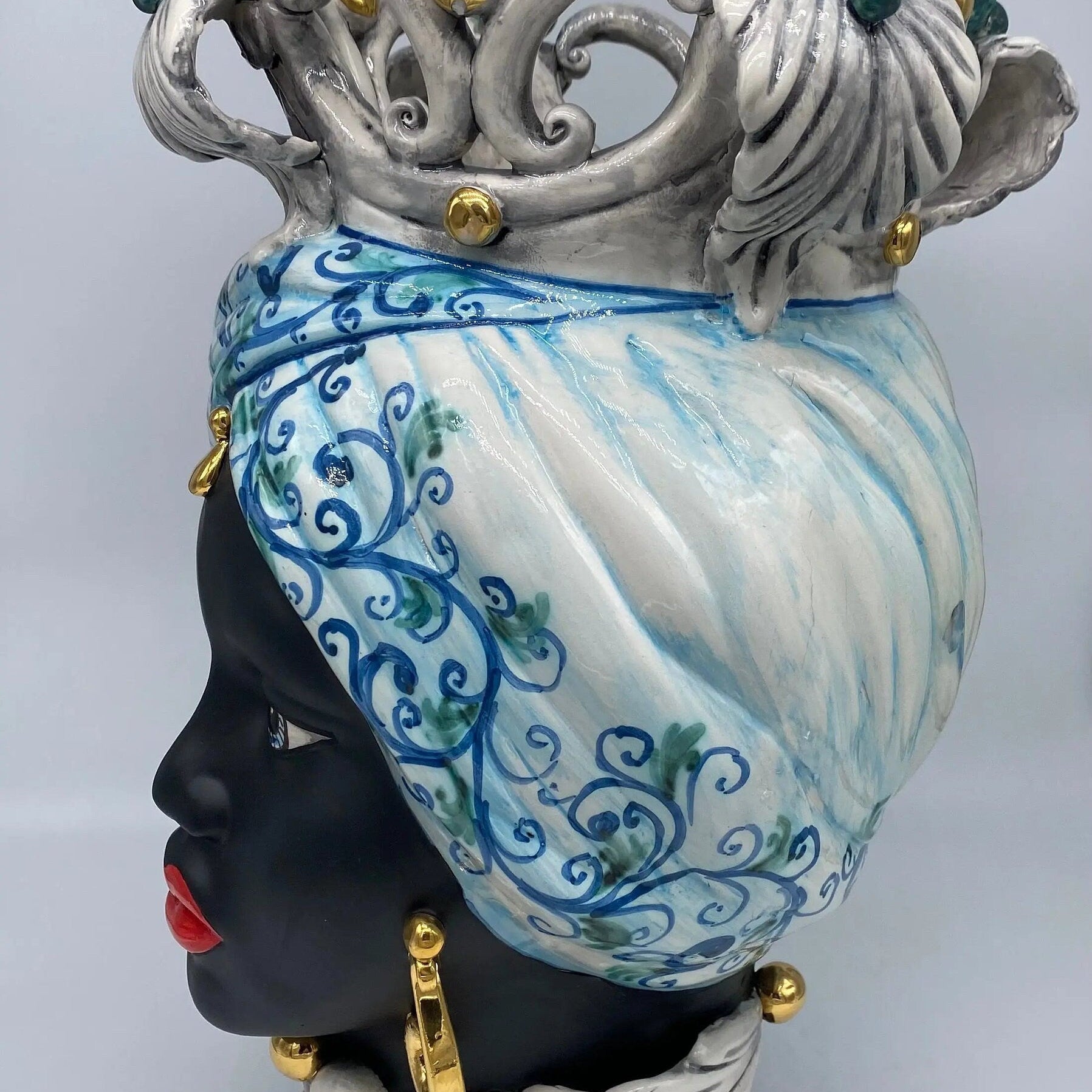 Teste di Moro Diana Ceramica Caltagirone cm H.40 L.25 Artigianale Celeste Oro Sfere Verde DD CERAMICHE SICILIANE