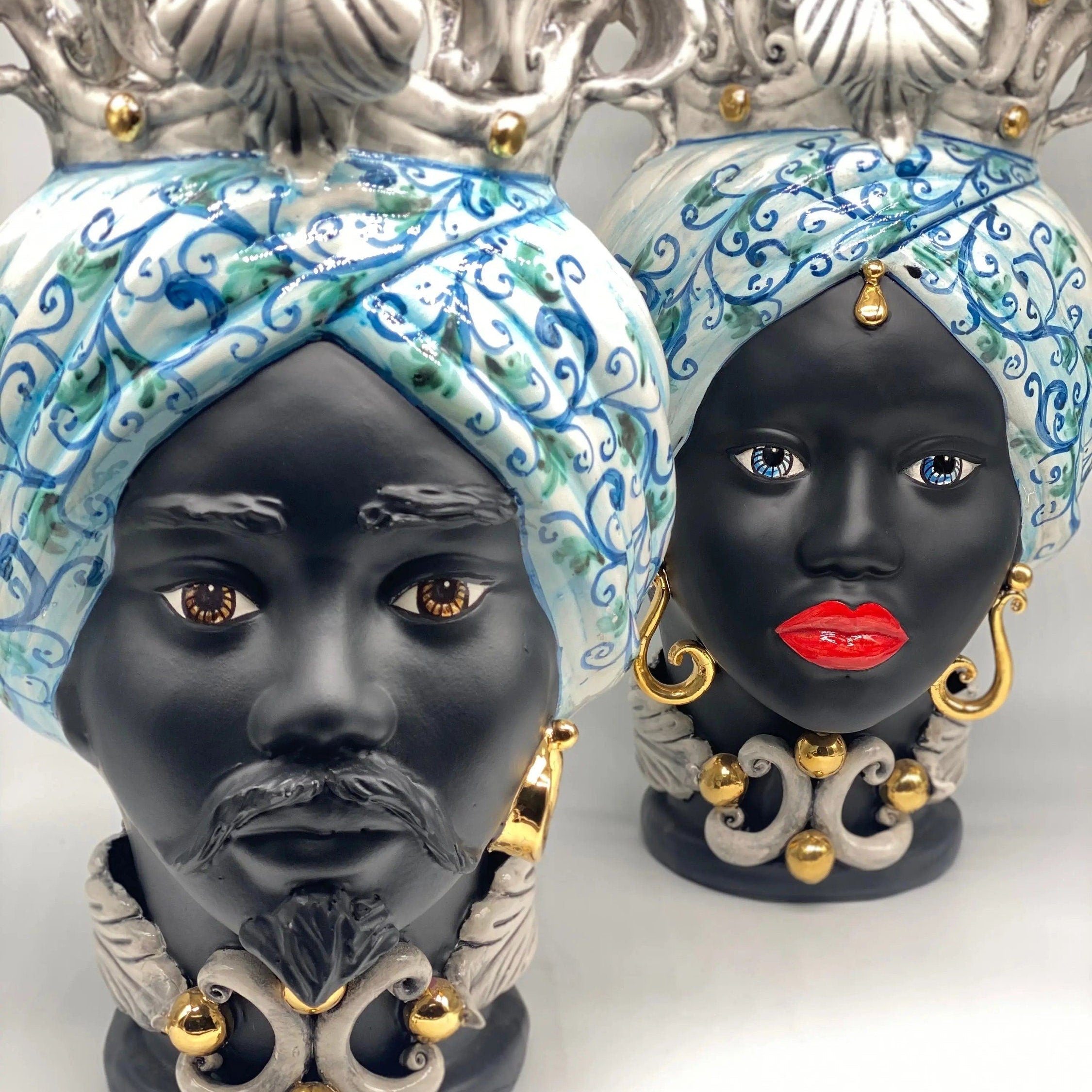 Teste di Moro Diana Ceramica Caltagirone cm H.40 L.25 Artigianale Celeste Oro Sfere Verde DD CERAMICHE SICILIANE