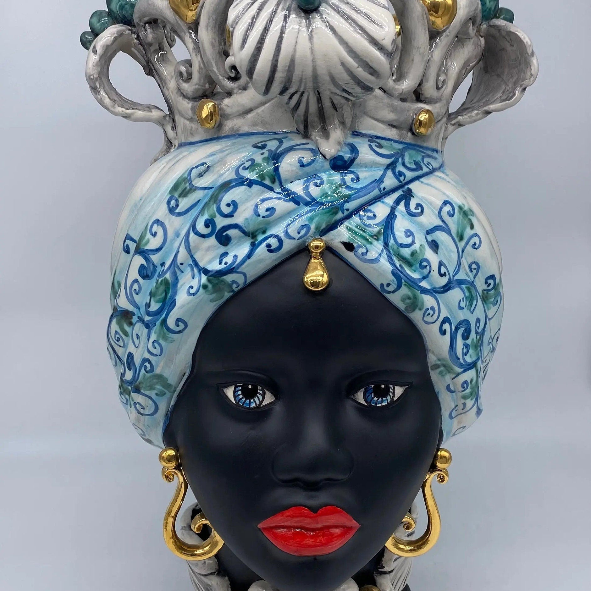 Teste di Moro Diana Ceramica Caltagirone cm H.40 L.25 Artigianale Celeste Oro Sfere Verde DD CERAMICHE SICILIANE