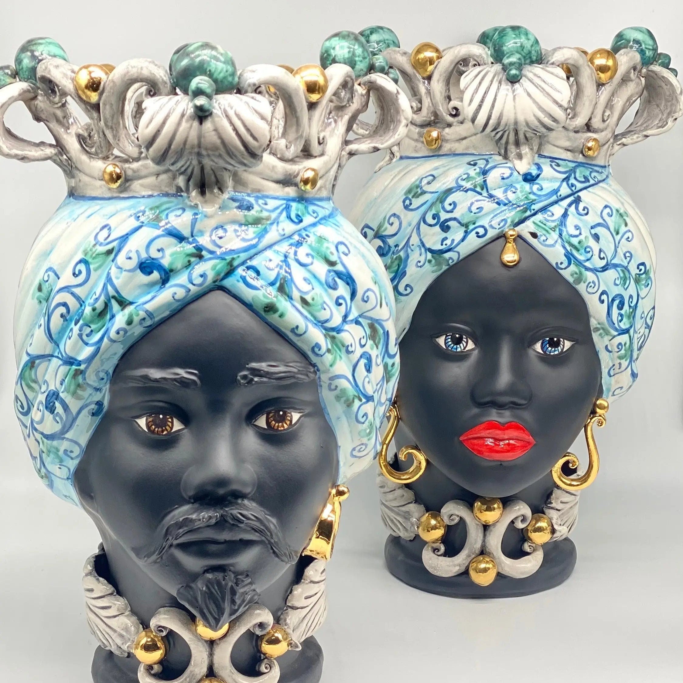 Teste di Moro Diana Ceramica Caltagirone cm H.40 L.25 Artigianale Celeste Oro Sfere Verde DD CERAMICHE SICILIANE