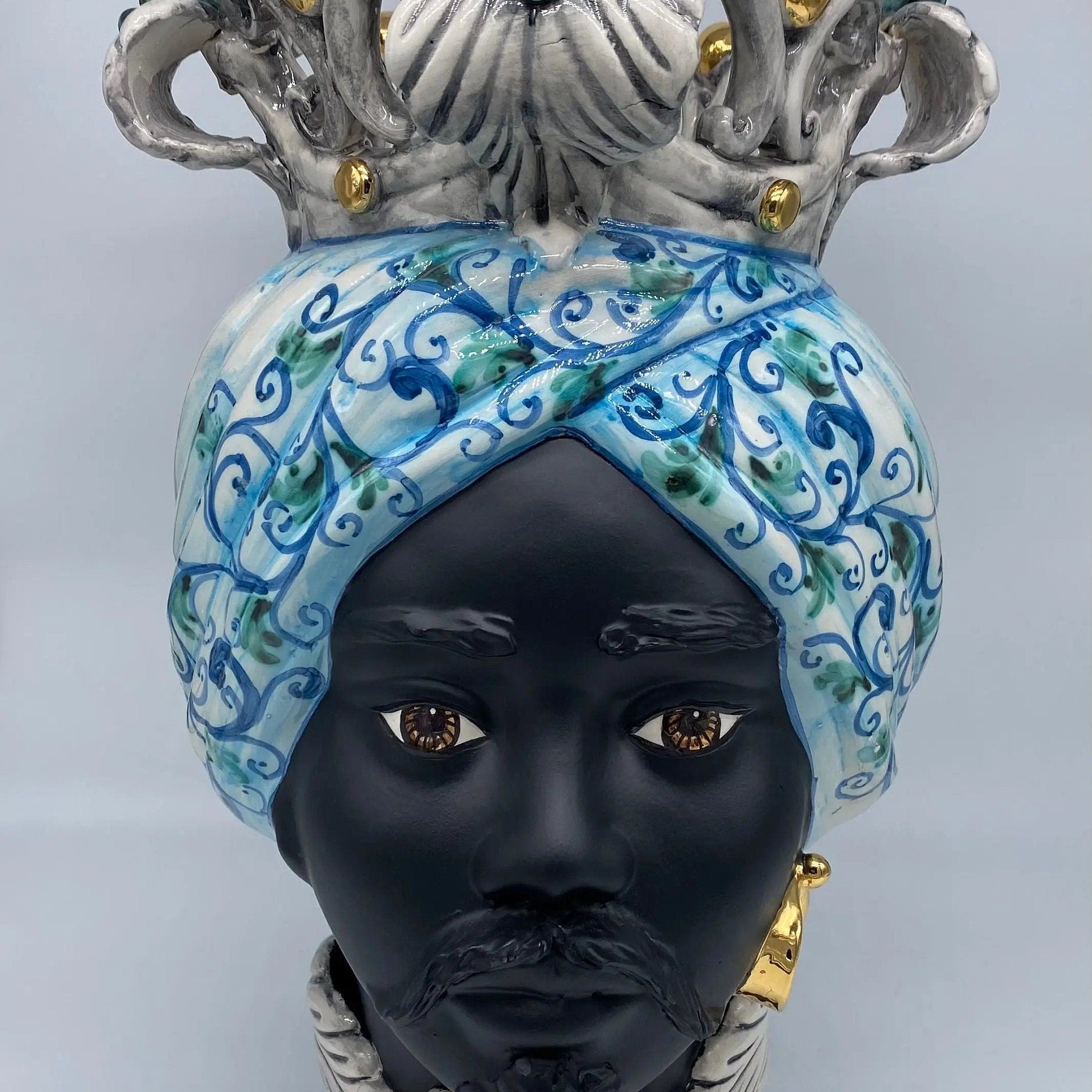 Teste di Moro Diana Ceramica Caltagirone cm H.40 L.25 Artigianale Celeste Oro Sfere Verde DD CERAMICHE SICILIANE