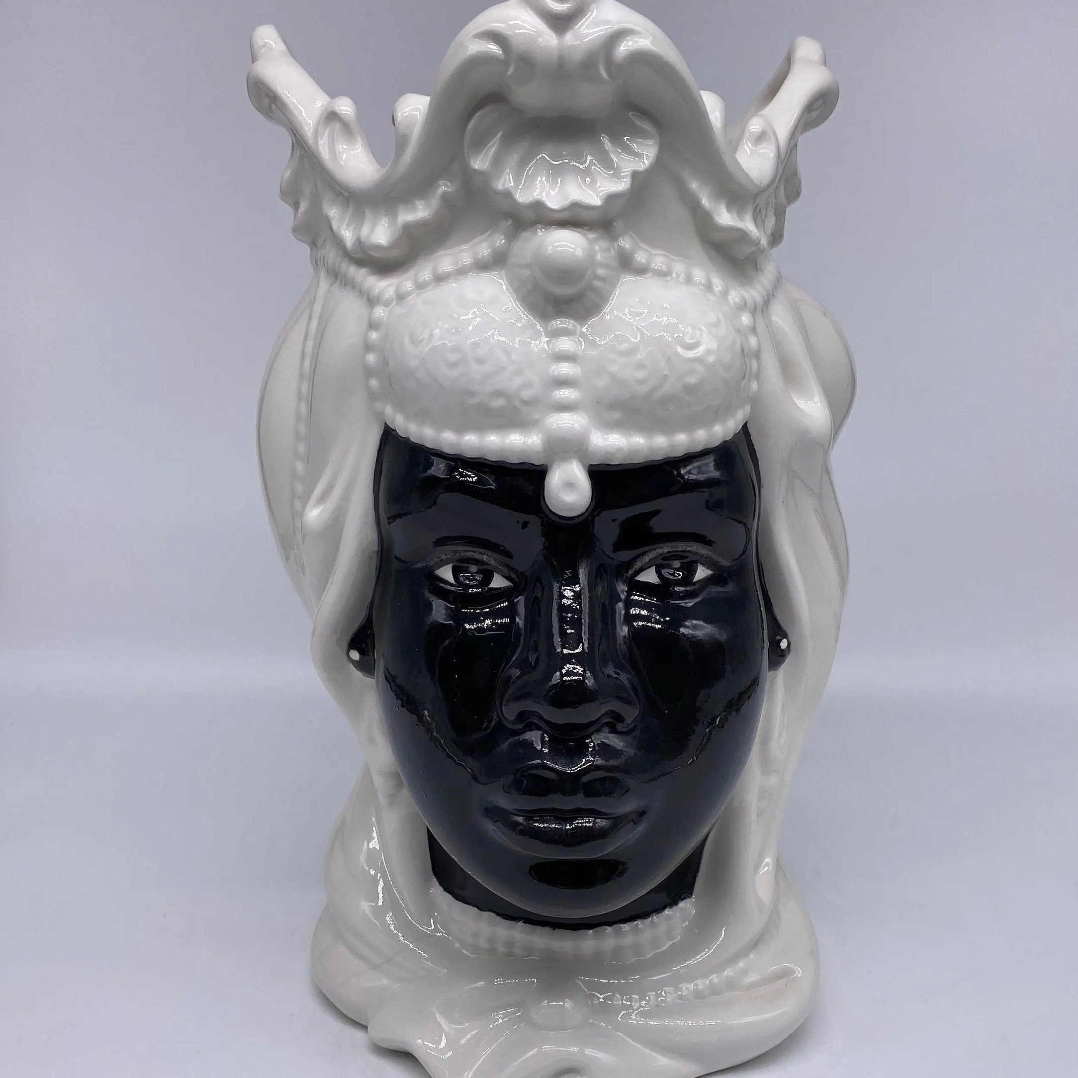 Teste di Moro Emiro Ceramica Caltagirone cm H.30 L.18 Artigianale Bianco Nero DD CERAMICHE SICILIANE