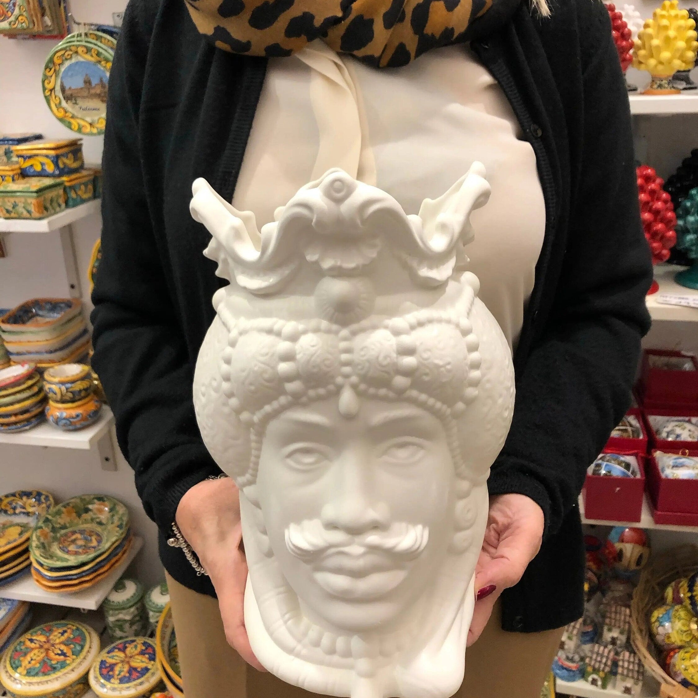 Teste di Moro Emiro Ceramica Caltagirone cm H.30 L.18 Artigianale Bianco Opaco DD CERAMICHE SICILIANE