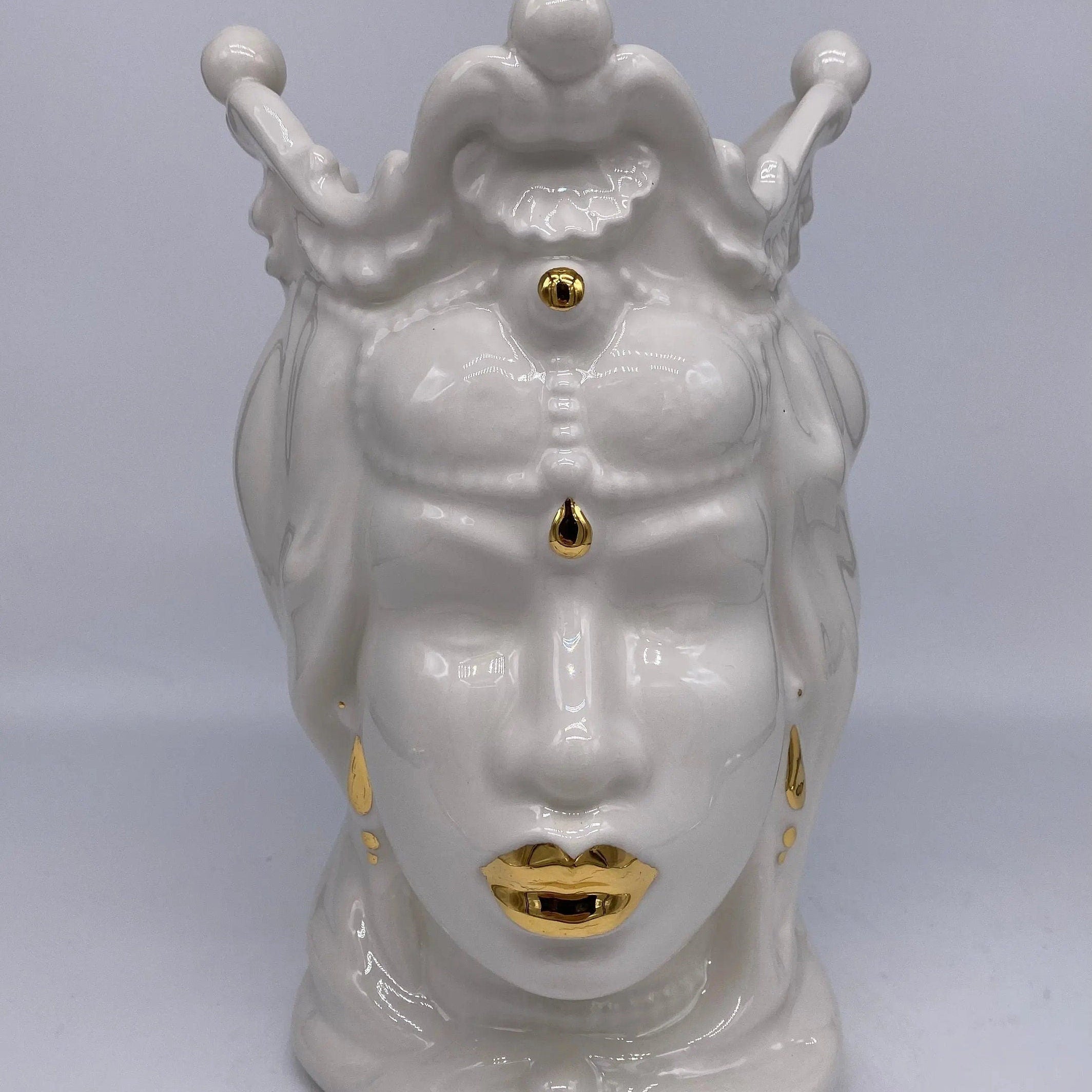 Teste di Moro Emiro Ceramica Caltagirone cm H.30 L.18 Artigianale Bianco e Oro DD CERAMICHE SICILIANE