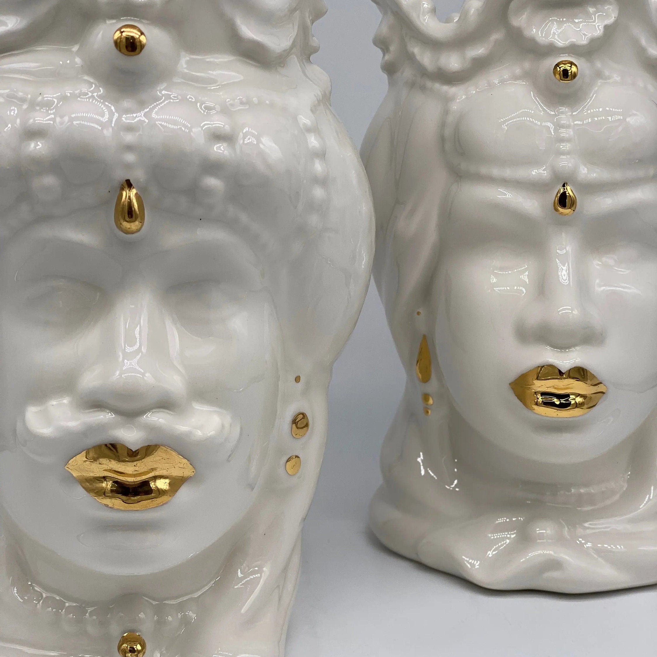 Teste di Moro Emiro Ceramica Caltagirone cm H.30 L.18 Artigianale Bianco e Oro DD CERAMICHE SICILIANE