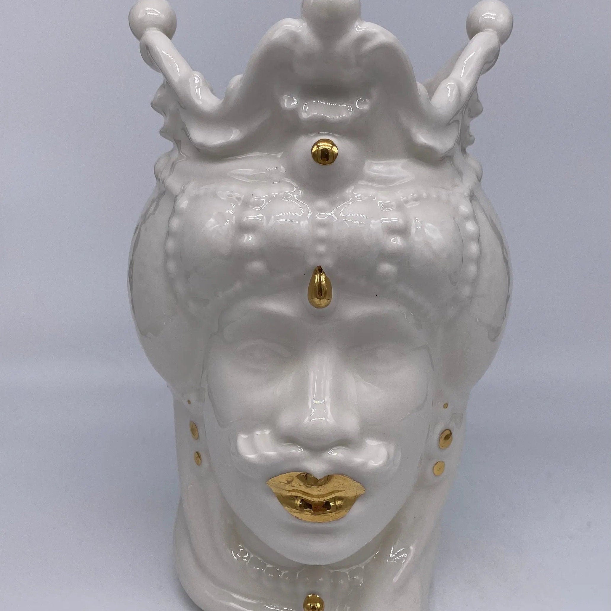 Teste di Moro Emiro Ceramica Caltagirone cm H.30 L.18 Artigianale Bianco e Oro DD CERAMICHE SICILIANE