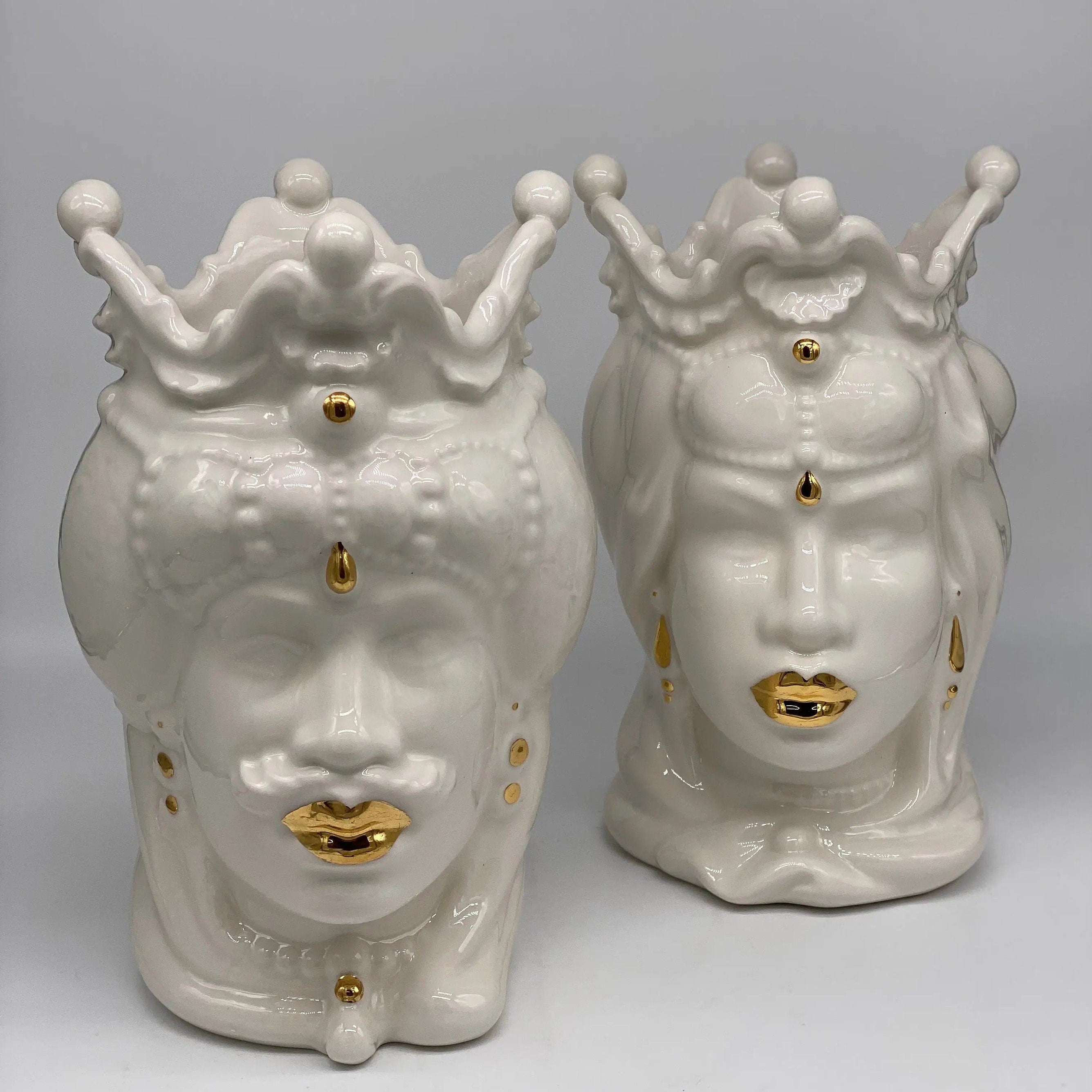 Teste di Moro Emiro Ceramica Caltagirone cm H.30 L.18 Artigianale Bianco e Oro DD CERAMICHE SICILIANE
