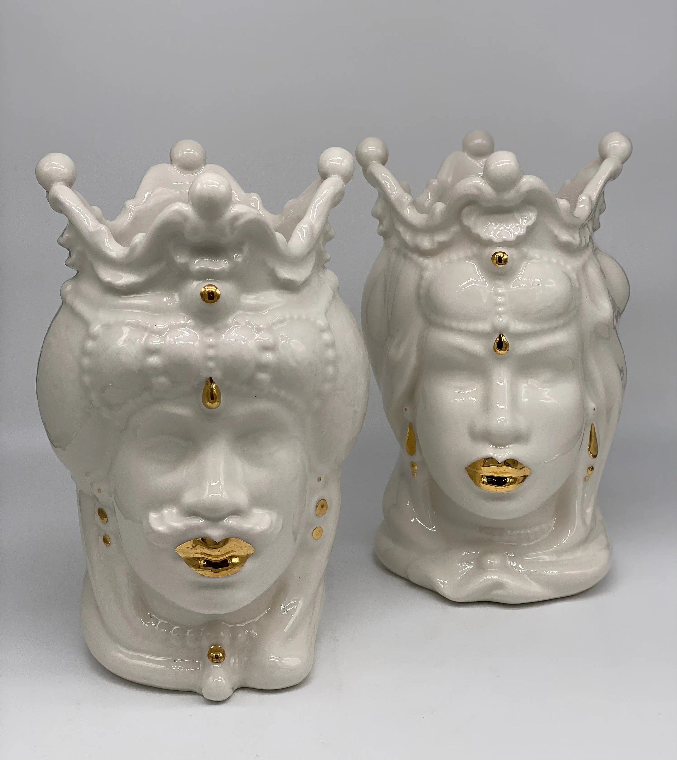 Teste di Moro Emiro Ceramica Caltagirone cm H.30 L.18 Artigianale Bianco e Oro DD CERAMICHE SICILIANE