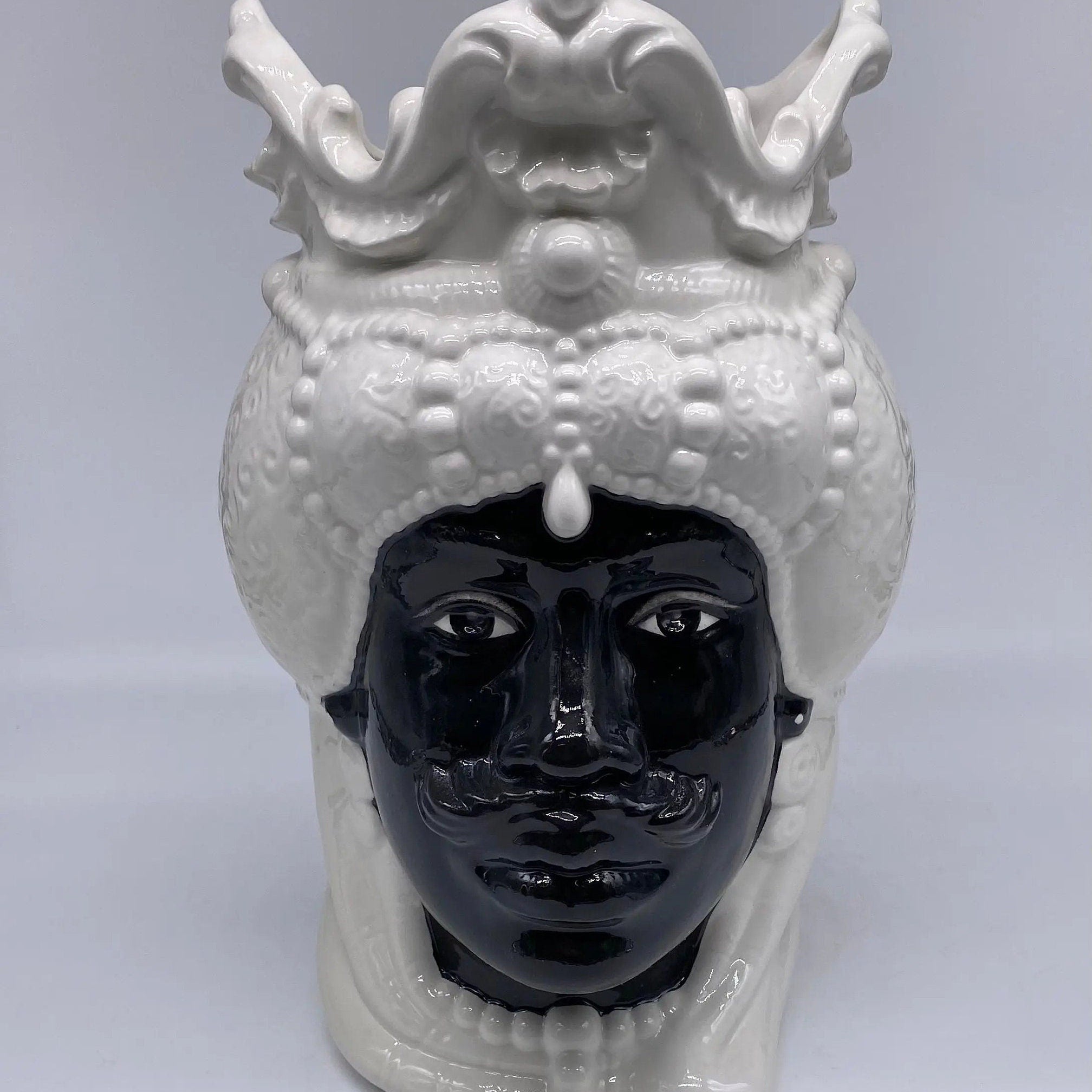 Teste di Moro Emiro Ceramica Caltagirone cm H.30 L.18 Artigianale Bianco Nero DD CERAMICHE SICILIANE