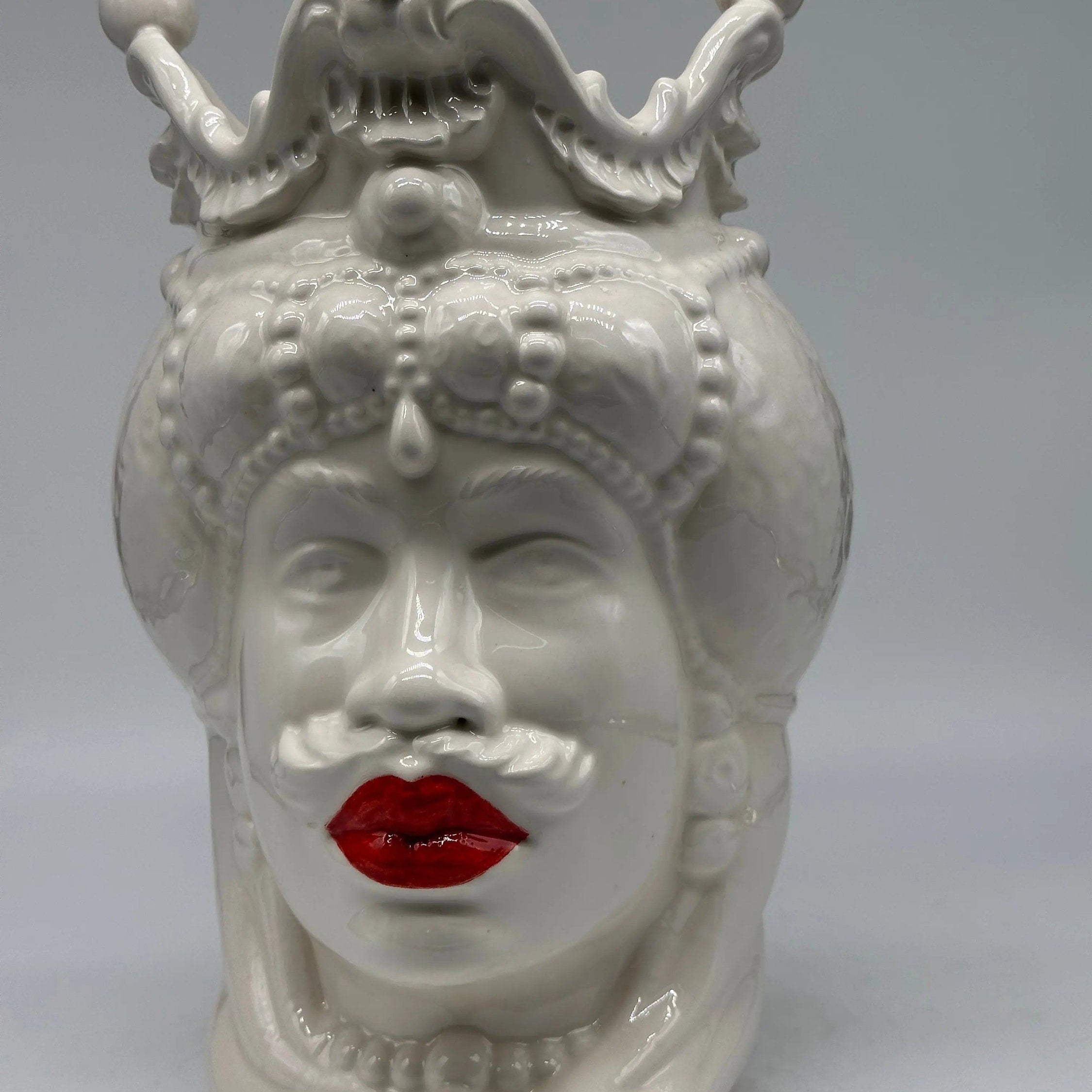 Teste di Moro Emiro Ceramica Caltagirone cm H.30 L.18 Artigianale Bianco Labbra Rosse DD CERAMICHE SICILIANE