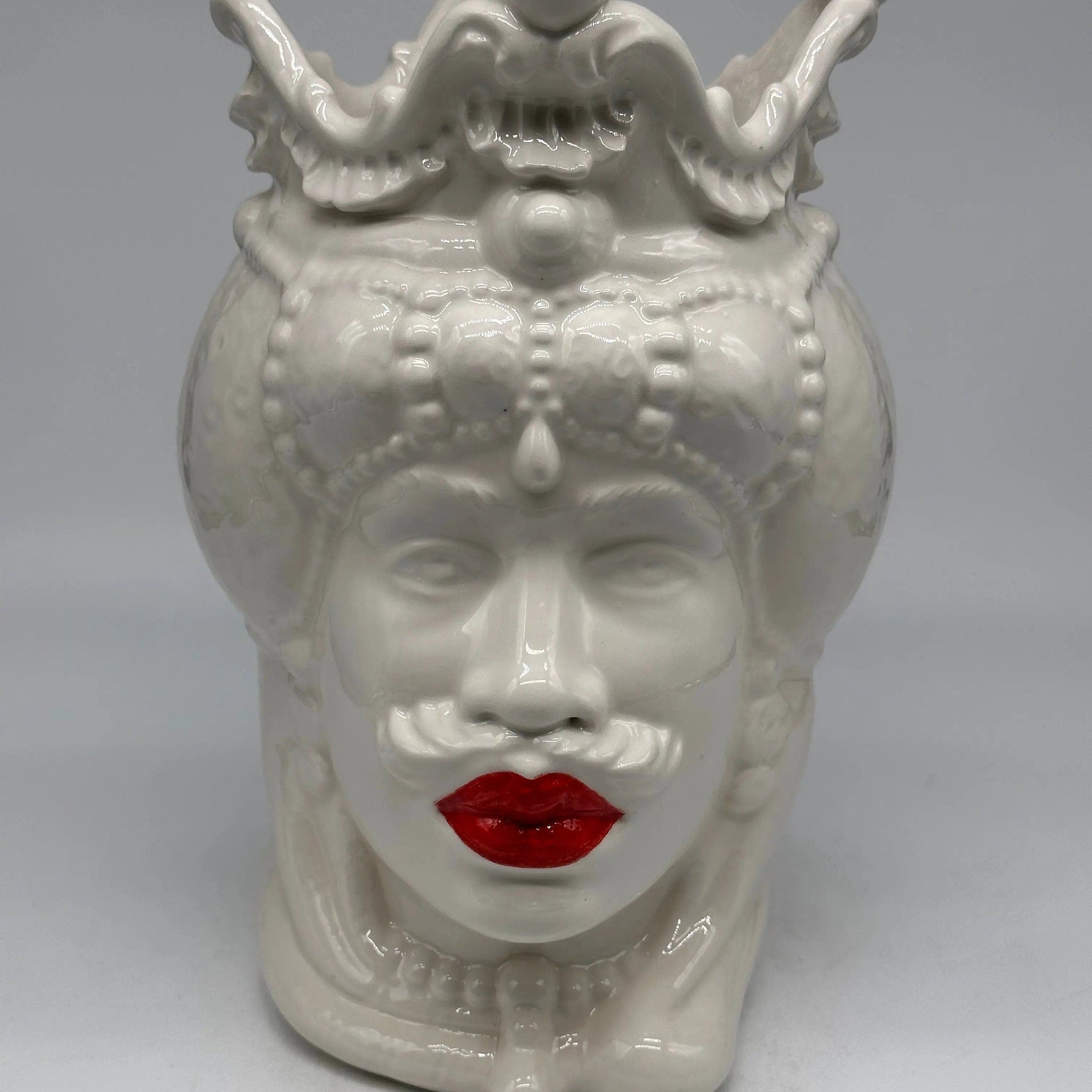 Teste di Moro Emiro Ceramica Caltagirone cm H.30 L.18 Artigianale Bianco Labbra Rosse DD CERAMICHE SICILIANE
