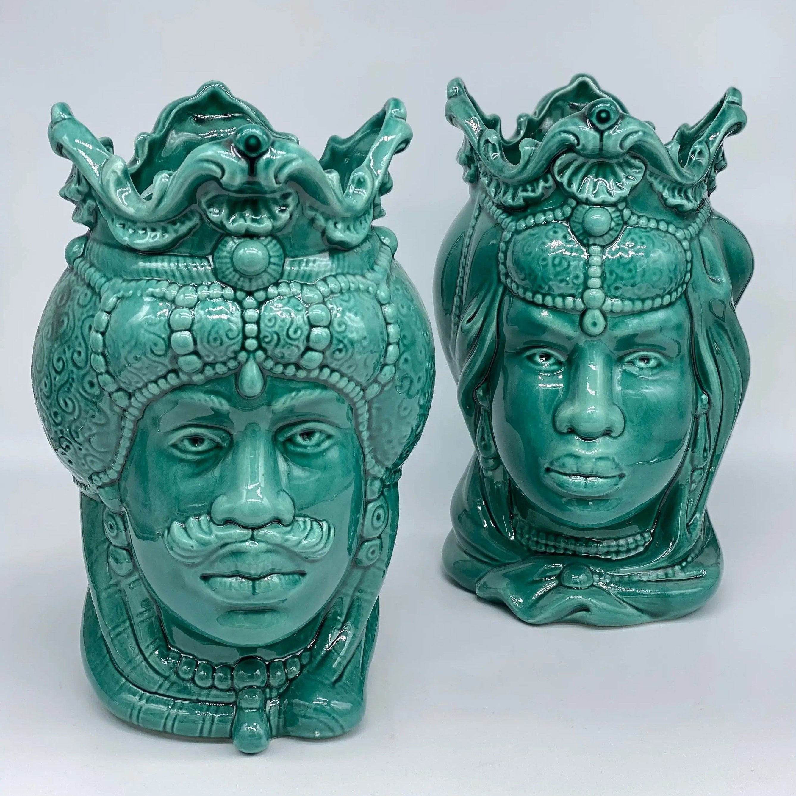 Teste di Moro Emiro Ceramica Caltagirone cm H.30 L.18 Artigianale Verde DD CERAMICHE SICILIANE