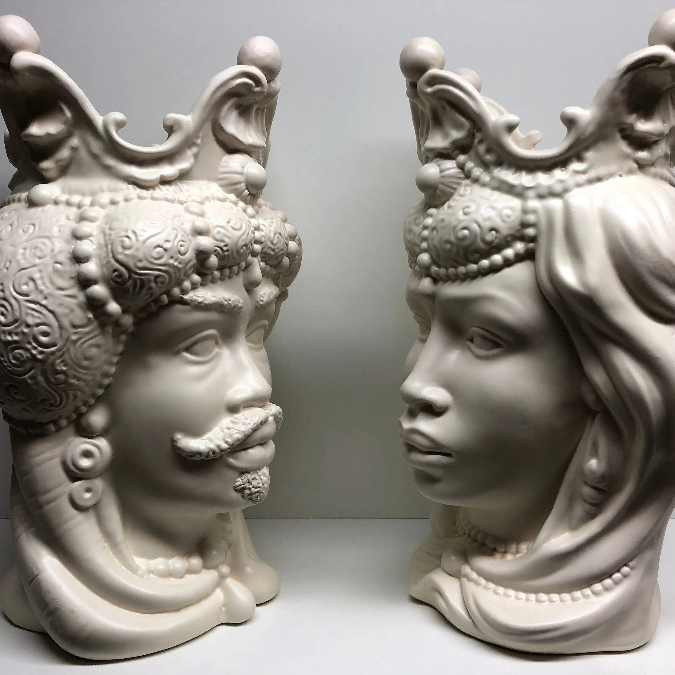 Teste di Moro Emiro Ceramica Caltagirone cm H.45 L.29 Artigianale Bianco Opaco DD CERAMICHE SICILIANE