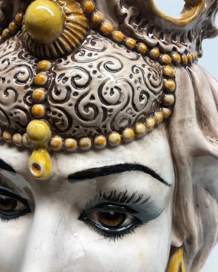 Teste di Moro Emiro Ceramica Caltagirone cm H.45 L.29 Artigianale Écru Sfere Giallo DD CERAMICHE SICILIANE