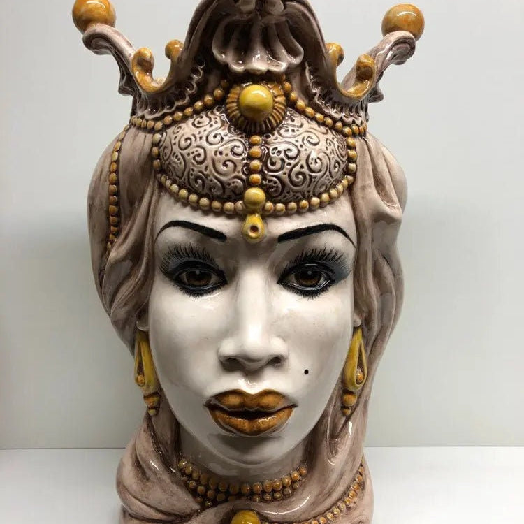 Teste di Moro Emiro Ceramica Caltagirone cm H.45 L.29 Artigianale Écru Sfere Giallo DD CERAMICHE SICILIANE