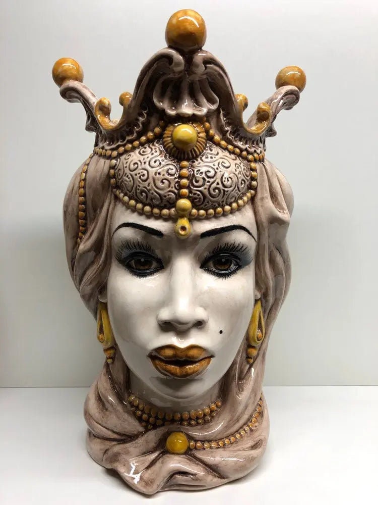 Teste di Moro Emiro Ceramica Caltagirone cm H.45 L.29 Artigianale Écru Sfere Giallo DD CERAMICHE SICILIANE