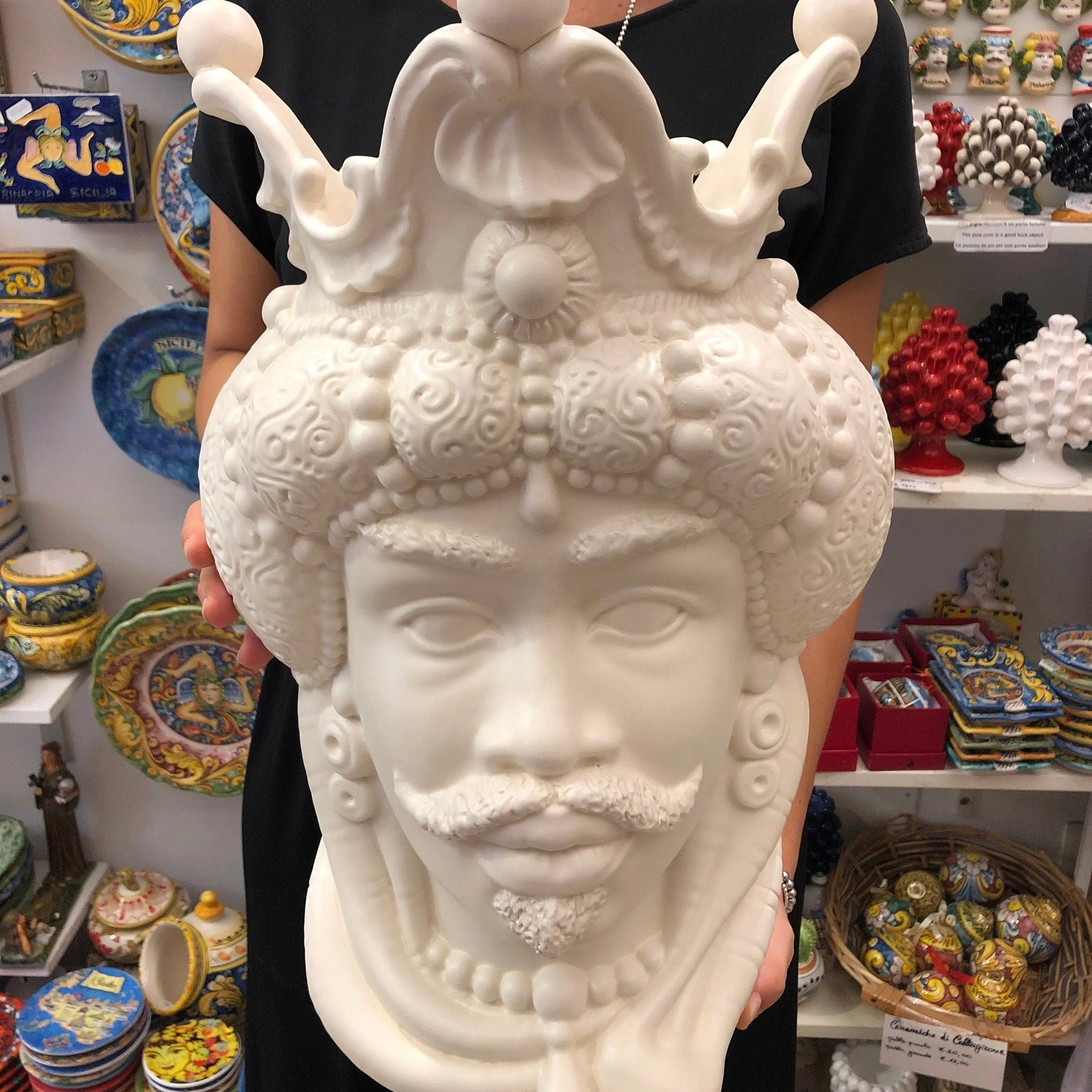 Teste di Moro Emiro Ceramica Caltagirone cm H.45 L.29 Artigianale Bianco Opaco DD CERAMICHE SICILIANE