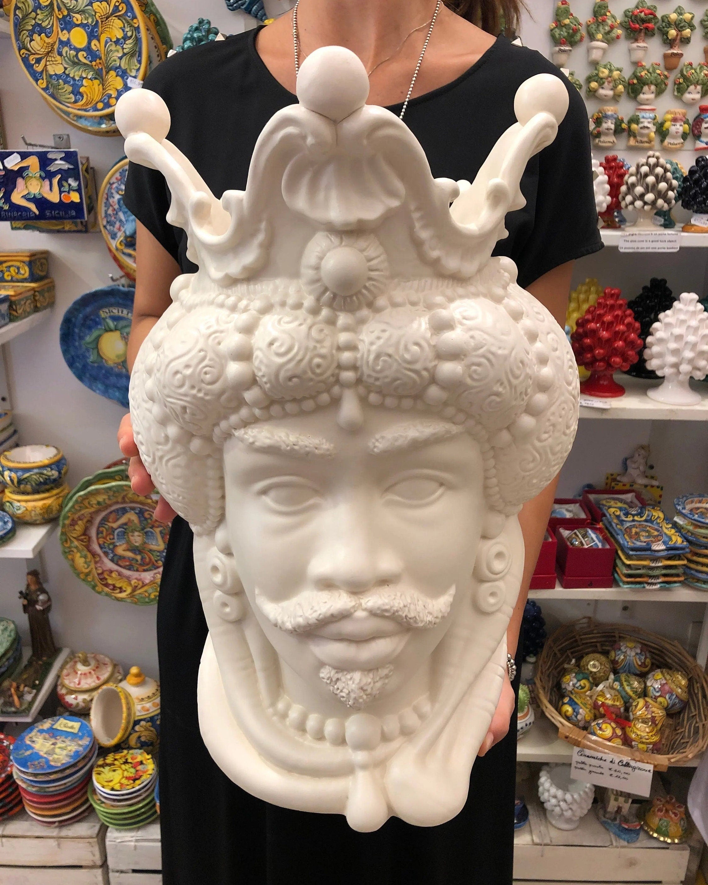 Teste di Moro Emiro Ceramica Caltagirone cm H.45 L.29 Artigianale Bianco Opaco DD CERAMICHE SICILIANE