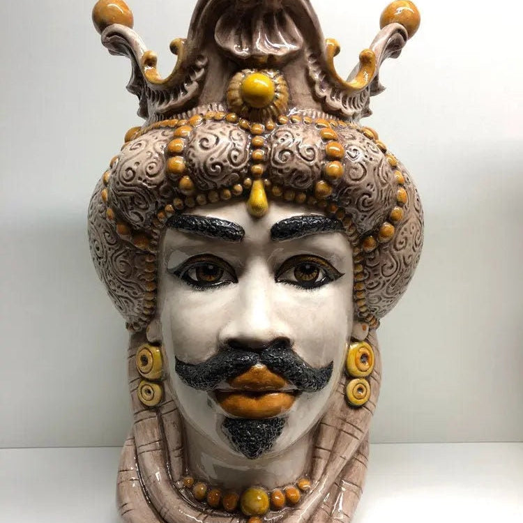 Teste di Moro Emiro Ceramica Caltagirone cm H.45 L.29 Artigianale Écru Sfere Giallo DD CERAMICHE SICILIANE