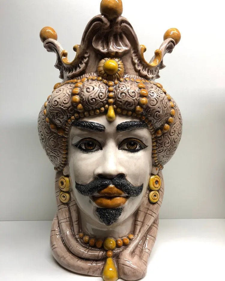 Teste di Moro Emiro Ceramica Caltagirone cm H.45 L.29 Artigianale Écru Sfere Giallo DD CERAMICHE SICILIANE