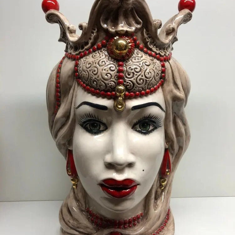 Teste di Moro Emiro Ceramica Caltagirone cm H.45 L.29 Artigianale Écru Oro Sfere Rosso DD CERAMICHE SICILIANE