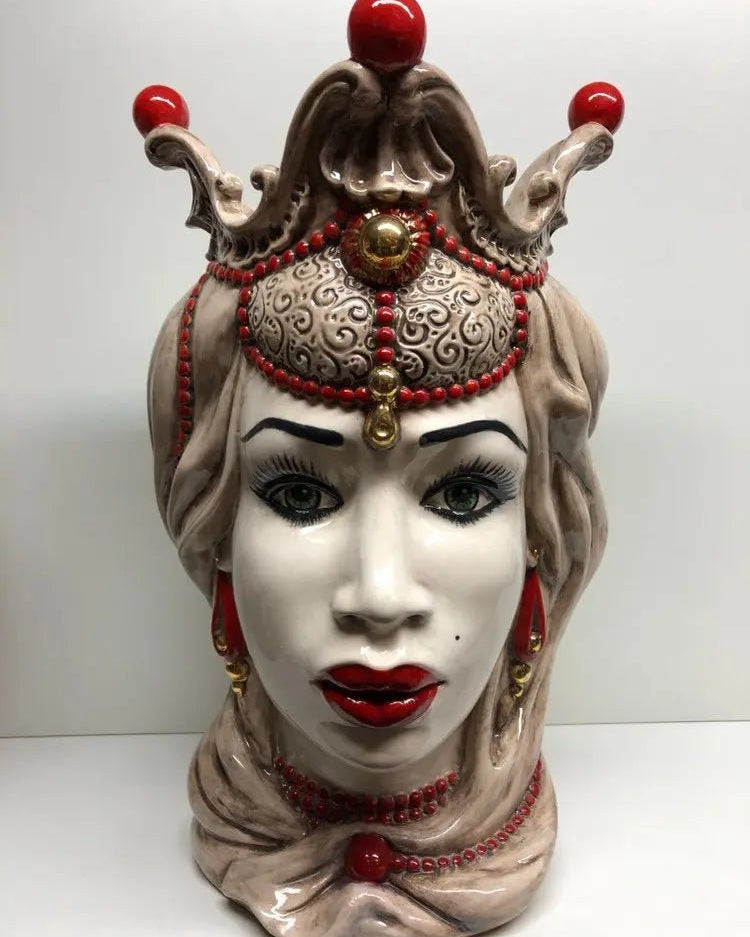Teste di Moro Emiro Ceramica Caltagirone cm H.45 L.29 Artigianale Écru Oro Sfere Rosso DD CERAMICHE SICILIANE