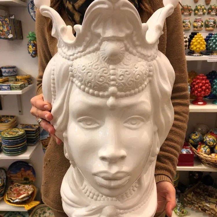 Teste di Moro Emiro Ceramica Caltagirone cm H.45 L.29 Artigianale Bianco DD CERAMICHE SICILIANE