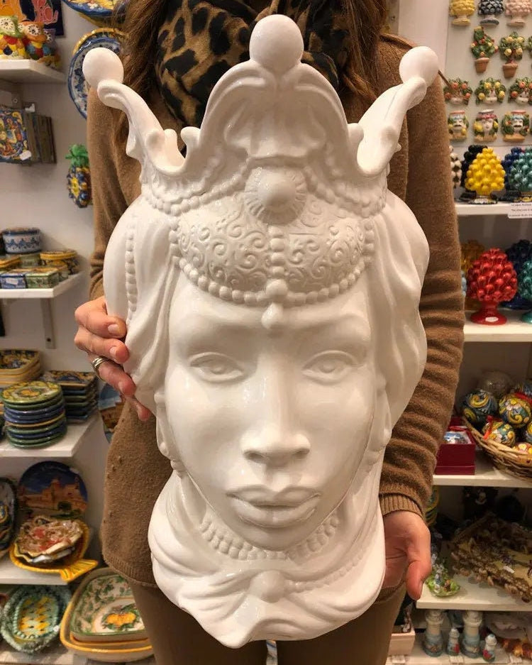 Teste di Moro Emiro Ceramica Caltagirone cm H.45 L.29 Artigianale Bianco DD CERAMICHE SICILIANE