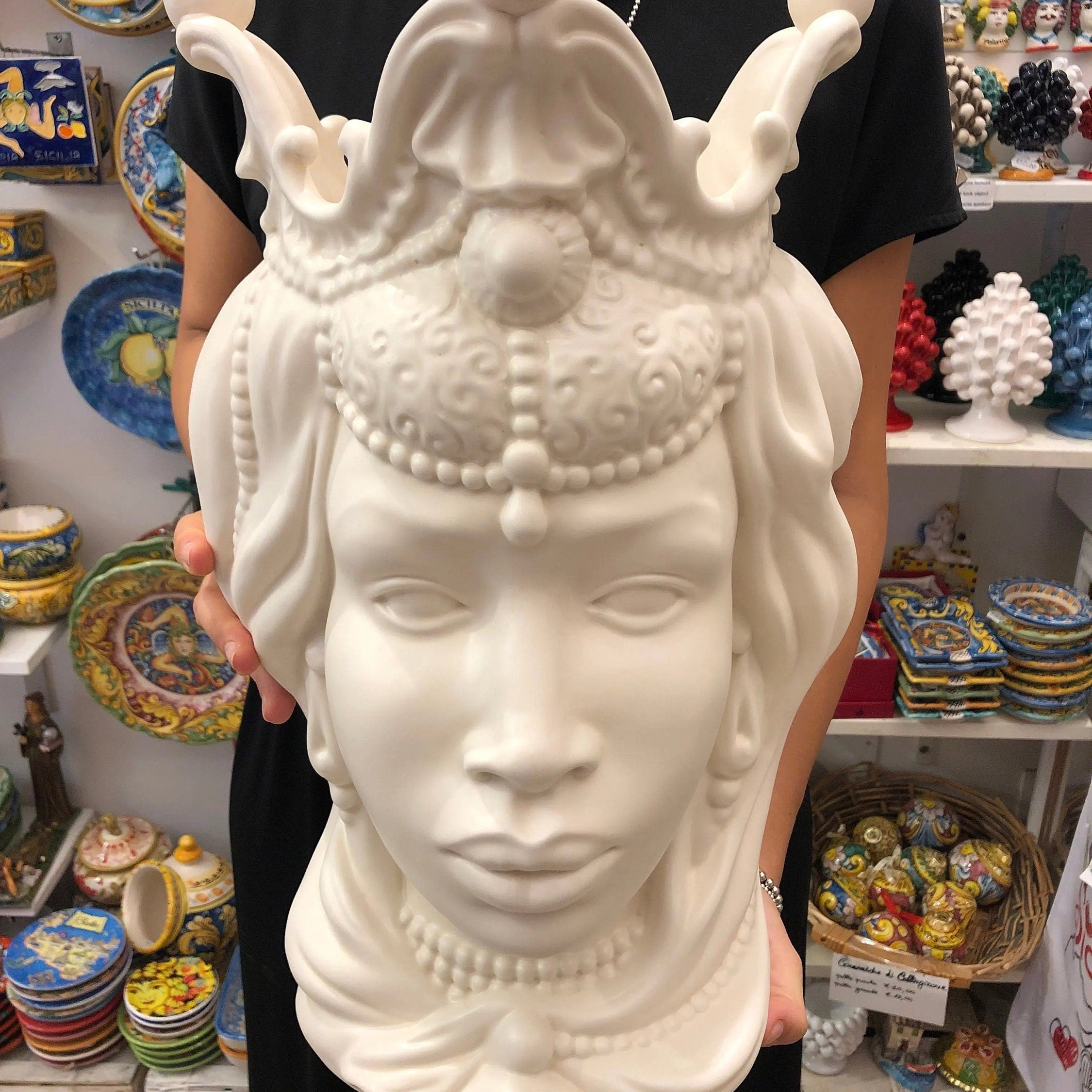 Teste di Moro Emiro Ceramica Caltagirone cm H.45 L.29 Artigianale Bianco Opaco DD CERAMICHE SICILIANE