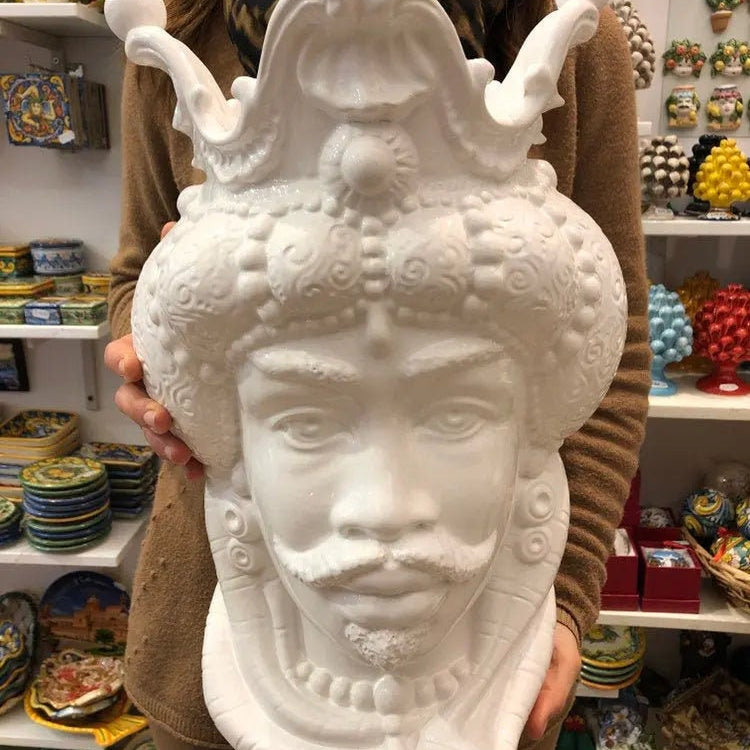 Teste di Moro Emiro Ceramica Caltagirone cm H.45 L.29 Artigianale Bianco DD CERAMICHE SICILIANE