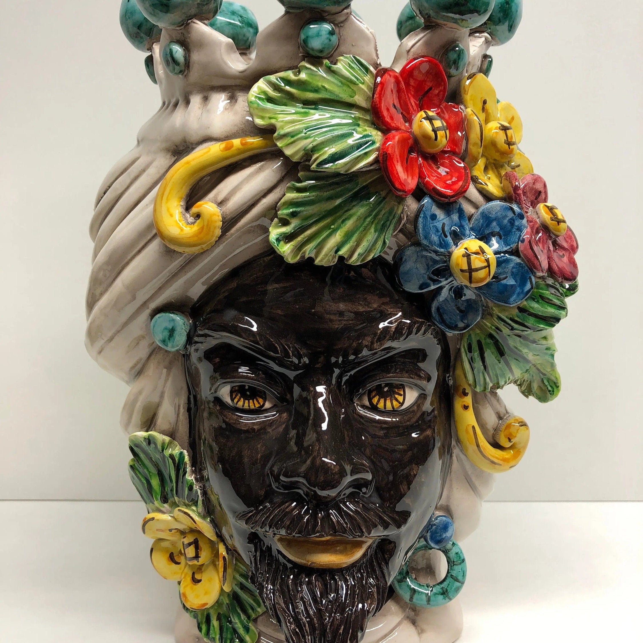 Teste di Moro Fiori Ceramica Caltagirone cm H.30 L.21 Artigianale Corona con Sfere Verde DD CERAMICHE SICILIANE