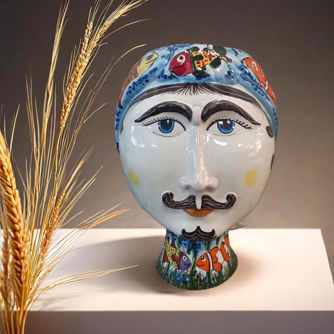 Teste di Moro “Gino & Fina” Ceramica Caltagirone cm H.40 L.30 Artigianale Decoro Pesci - Gino - TESTA DI MORO