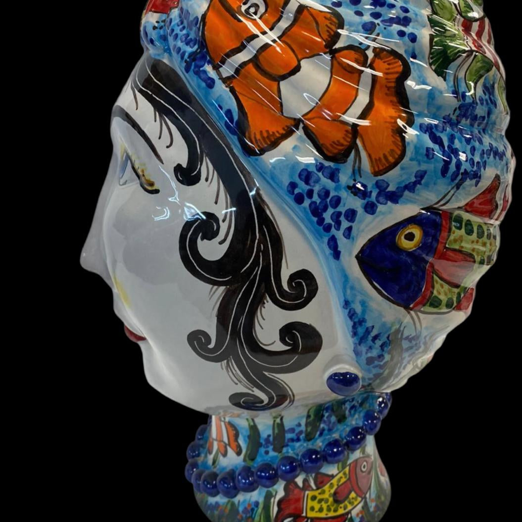 Teste di Moro “Gino & Fina” Ceramica Caltagirone cm H.40 L.30 Artigianale Decoro Pesci - TESTA DI MORO