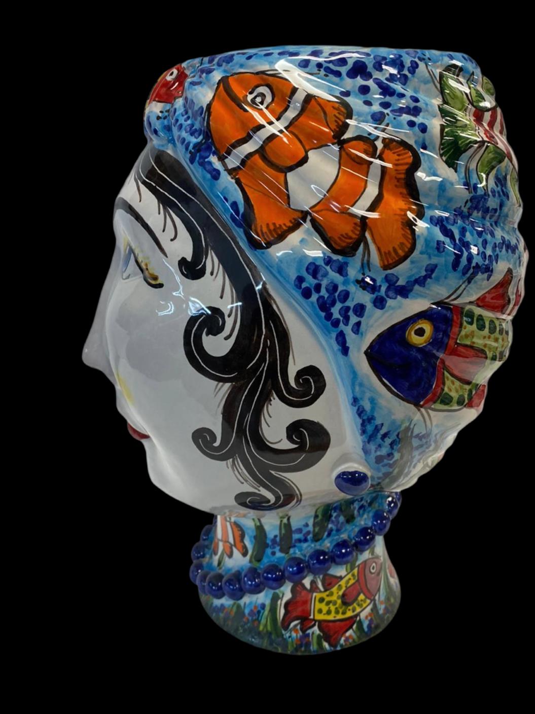 Teste di Moro “Gino & Fina” Ceramica Caltagirone cm H.40 L.30 Artigianale Decoro Pesci - TESTA DI MORO