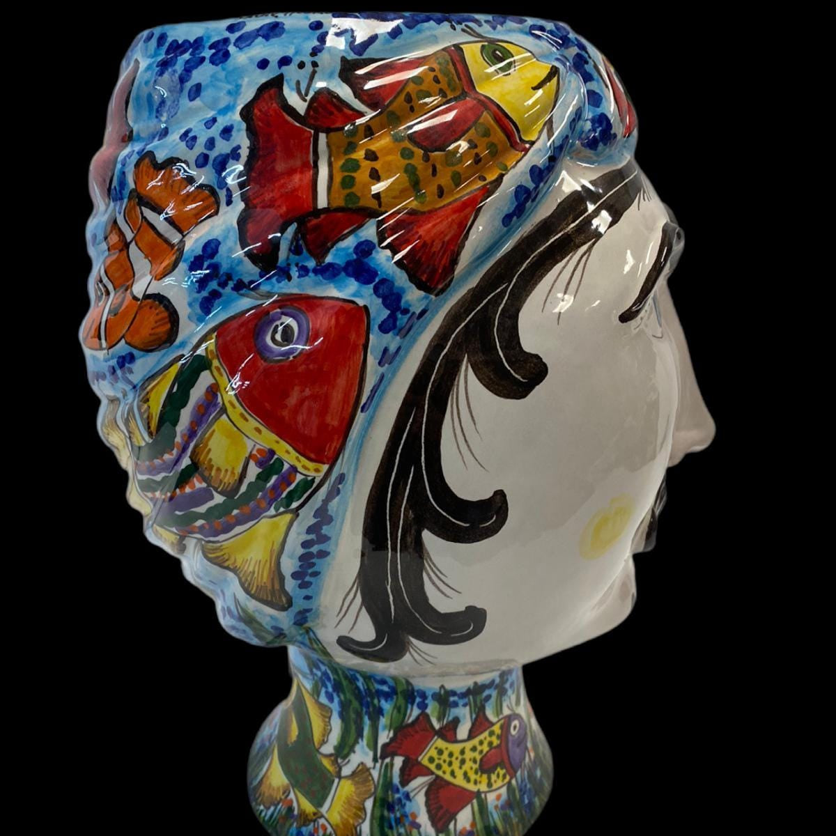 Teste di Moro “Gino & Fina” Ceramica Caltagirone cm H.40 L.30 Artigianale Decoro Pesci - TESTA DI MORO