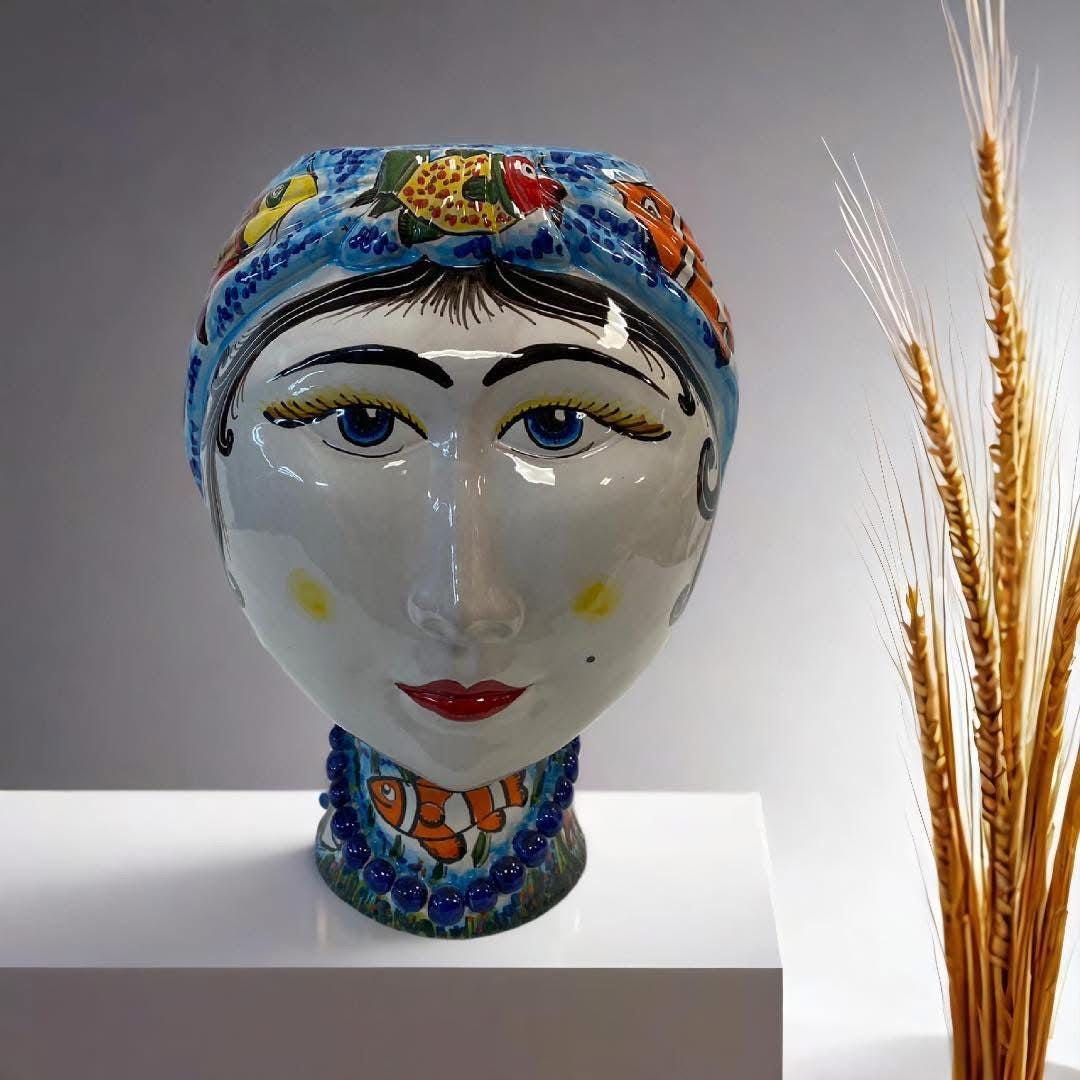 Teste di Moro “Gino & Fina” Ceramica Caltagirone cm H.40 L.30 Artigianale Decoro Pesci - Fina - TESTA DI MORO