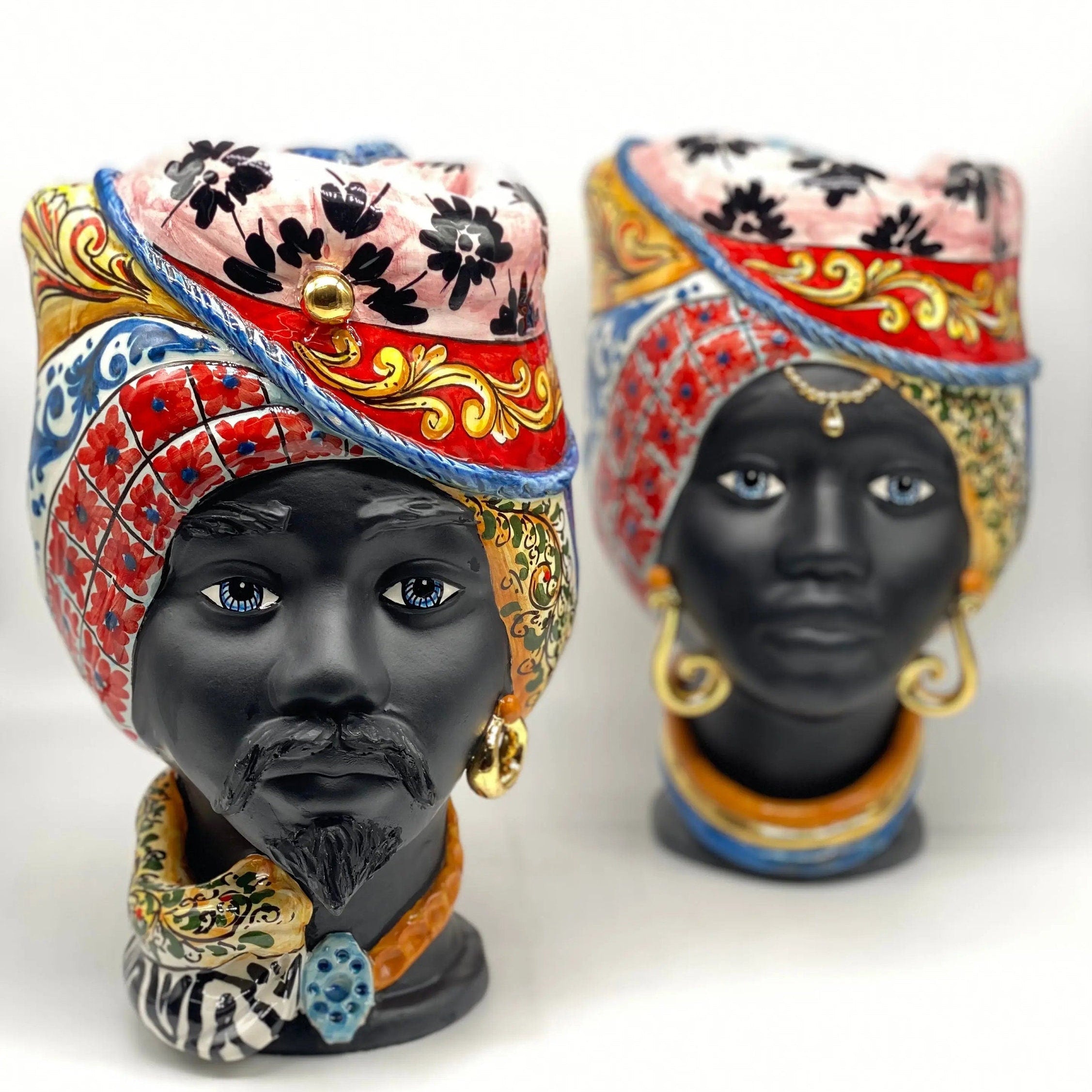 Teste di Moro Horus Ceramica Caltagirone cm H.30 L.18 Artigianale Decorazione “Carretto” DD CERAMICHE SICILIANE