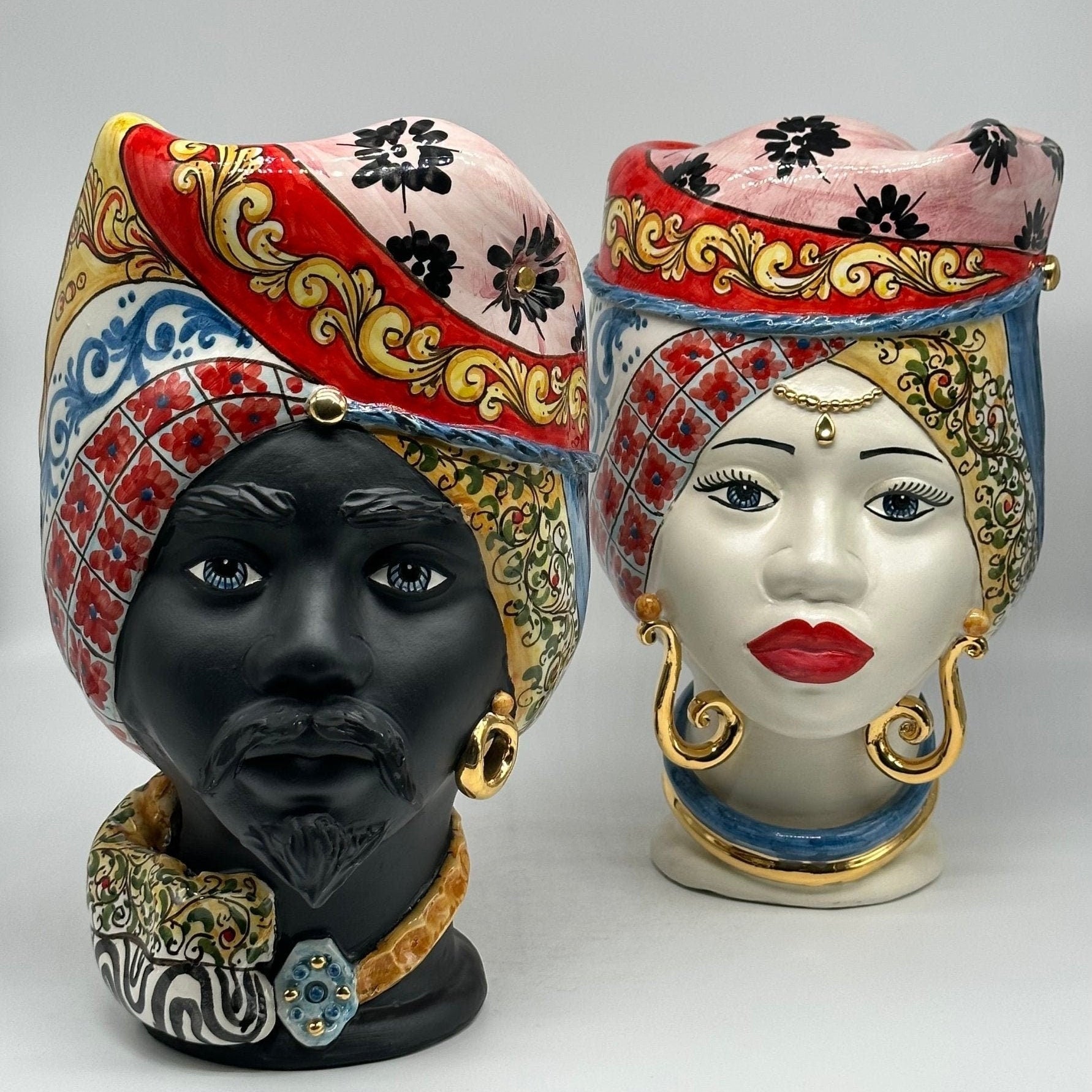 Teste di Moro Horus Ceramica Caltagirone cm H.30 L.18 Artigianale Decorazione “Carretto2” - DD CERAMICHE SICILIANE