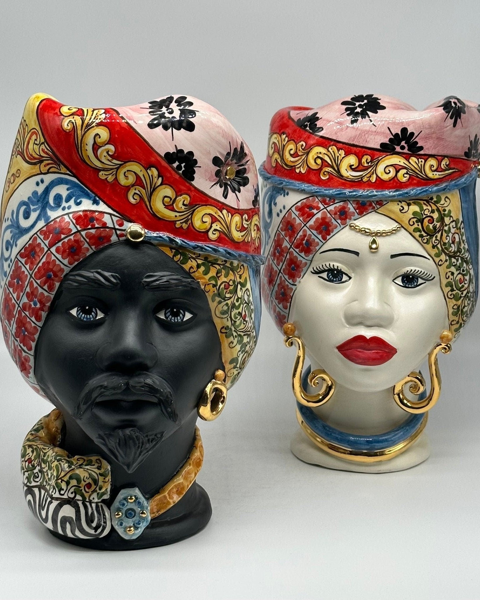 Teste di Moro Horus Ceramica Caltagirone cm H.30 L.18 Artigianale Decorazione “Carretto2” - DD CERAMICHE SICILIANE