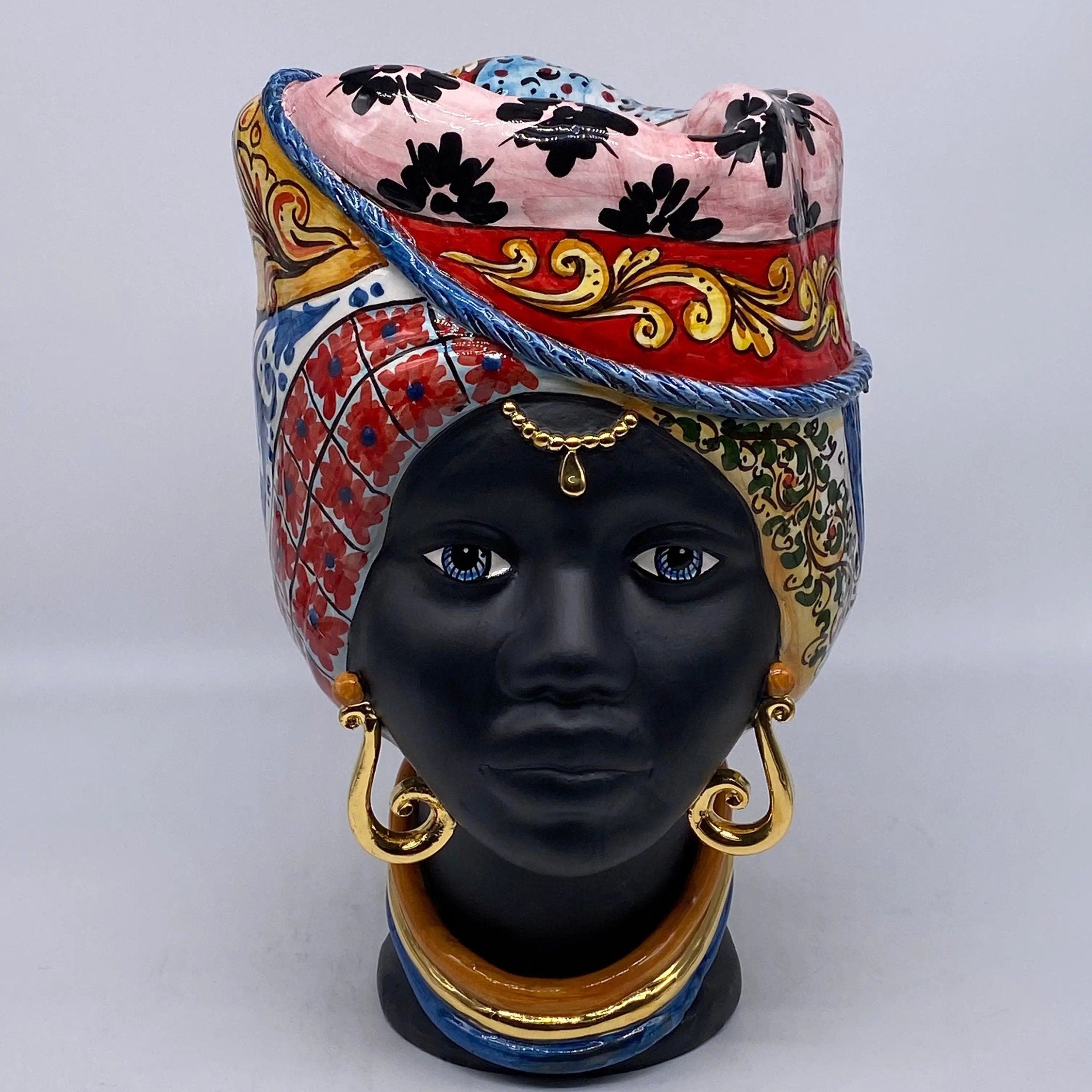 Teste di Moro Horus Ceramica Caltagirone cm H.30 L.18 Artigianale Decorazione “Carretto” DD CERAMICHE SICILIANE