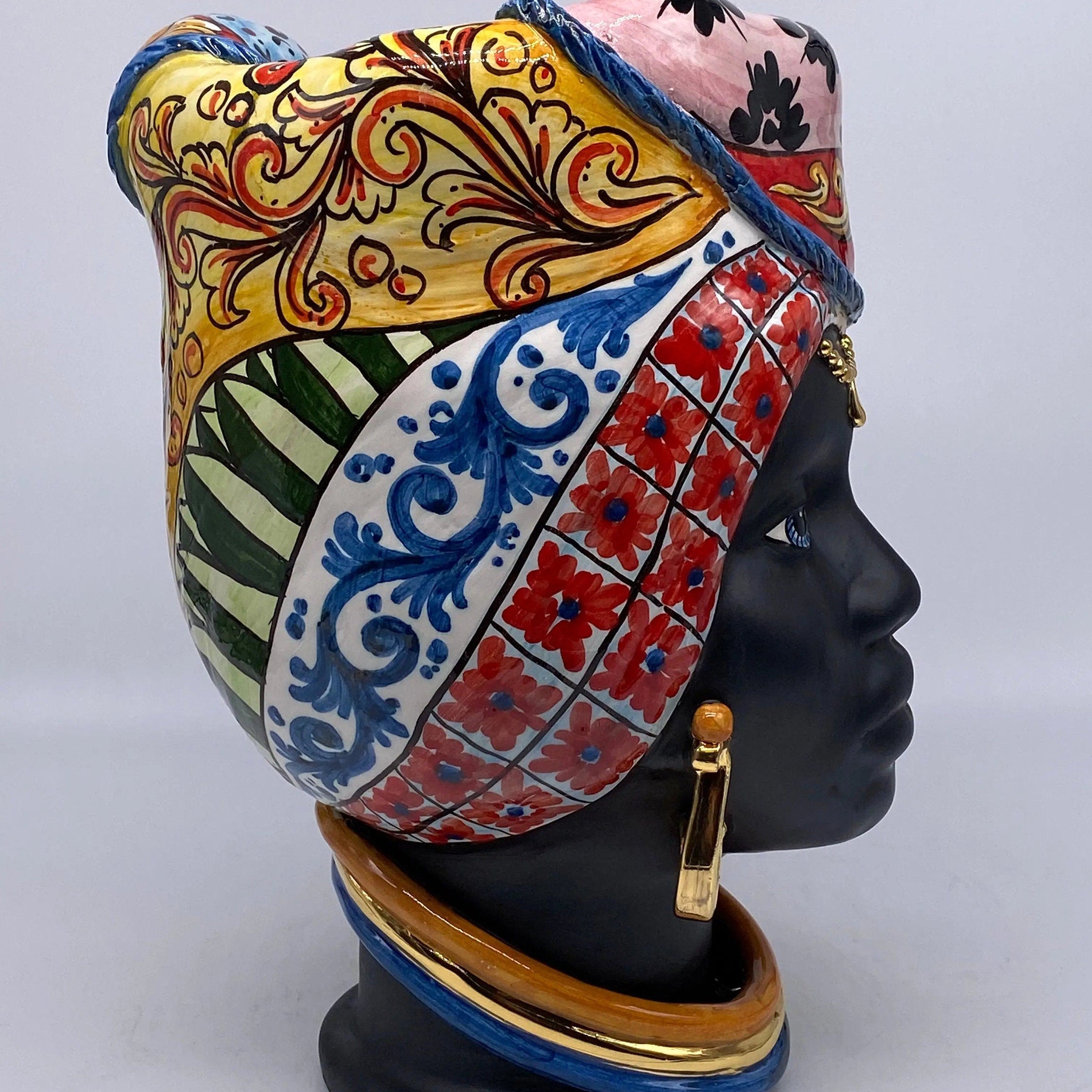 Teste di Moro Horus Ceramica Caltagirone cm H.30 L.18 Artigianale Decorazione “Carretto” DD CERAMICHE SICILIANE