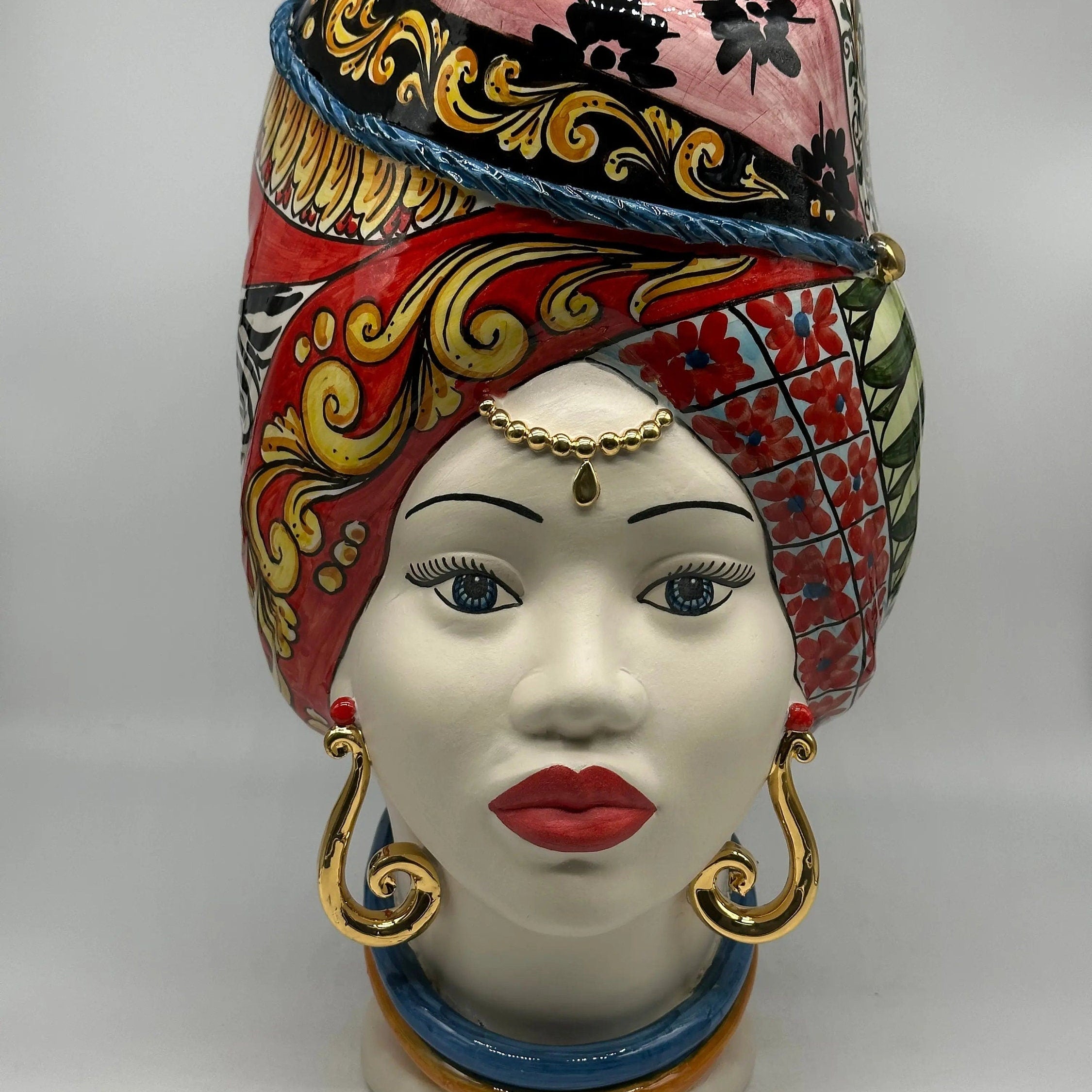 Teste di Moro Horus Ceramica Caltagirone cm H.40 L.23 Artigianale Decorazione “Carretto2” DD CERAMICHE SICILIANE