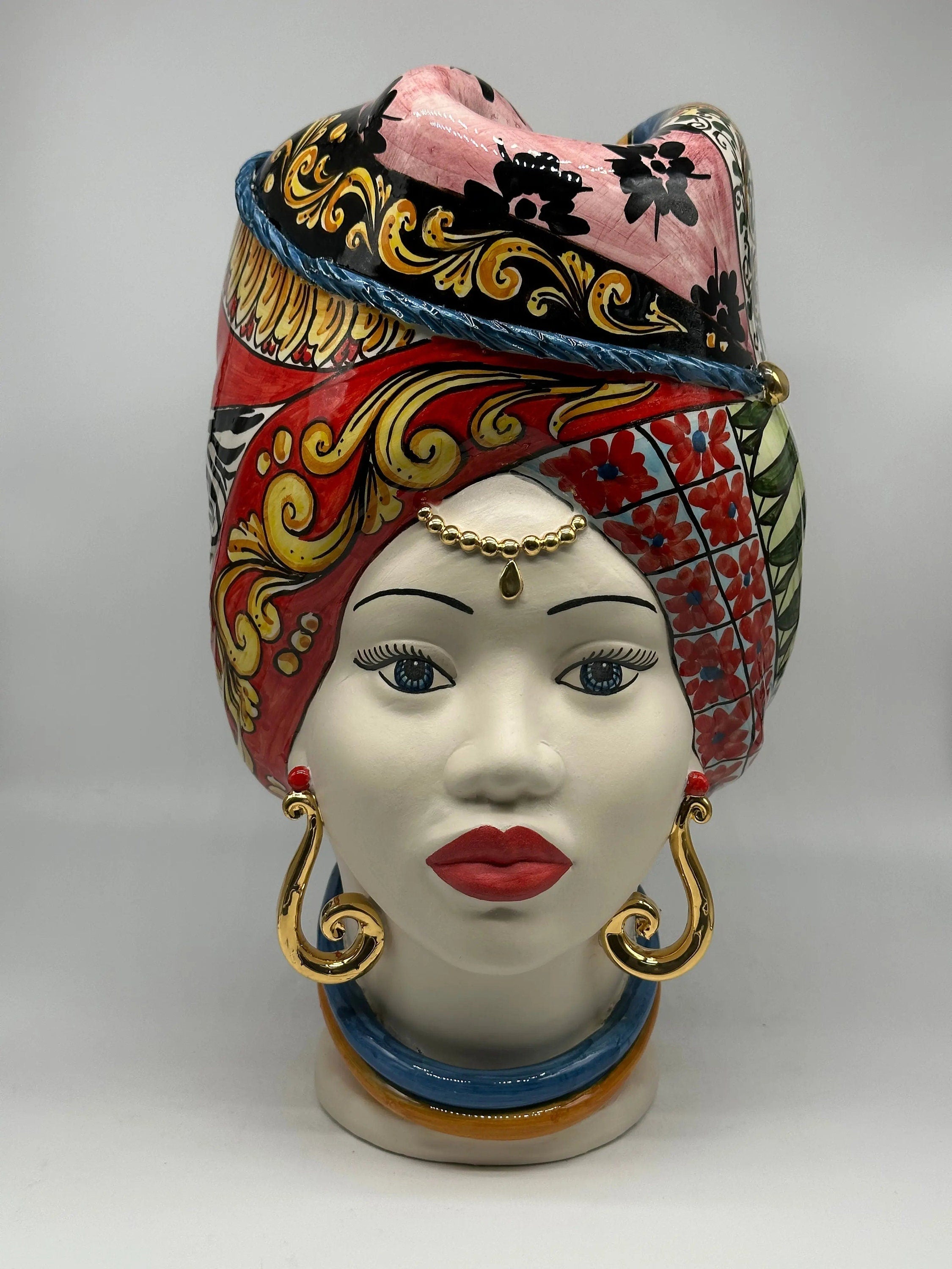 Teste di Moro Horus Ceramica Caltagirone cm H.40 L.23 Artigianale Decorazione “Carretto2” DD CERAMICHE SICILIANE