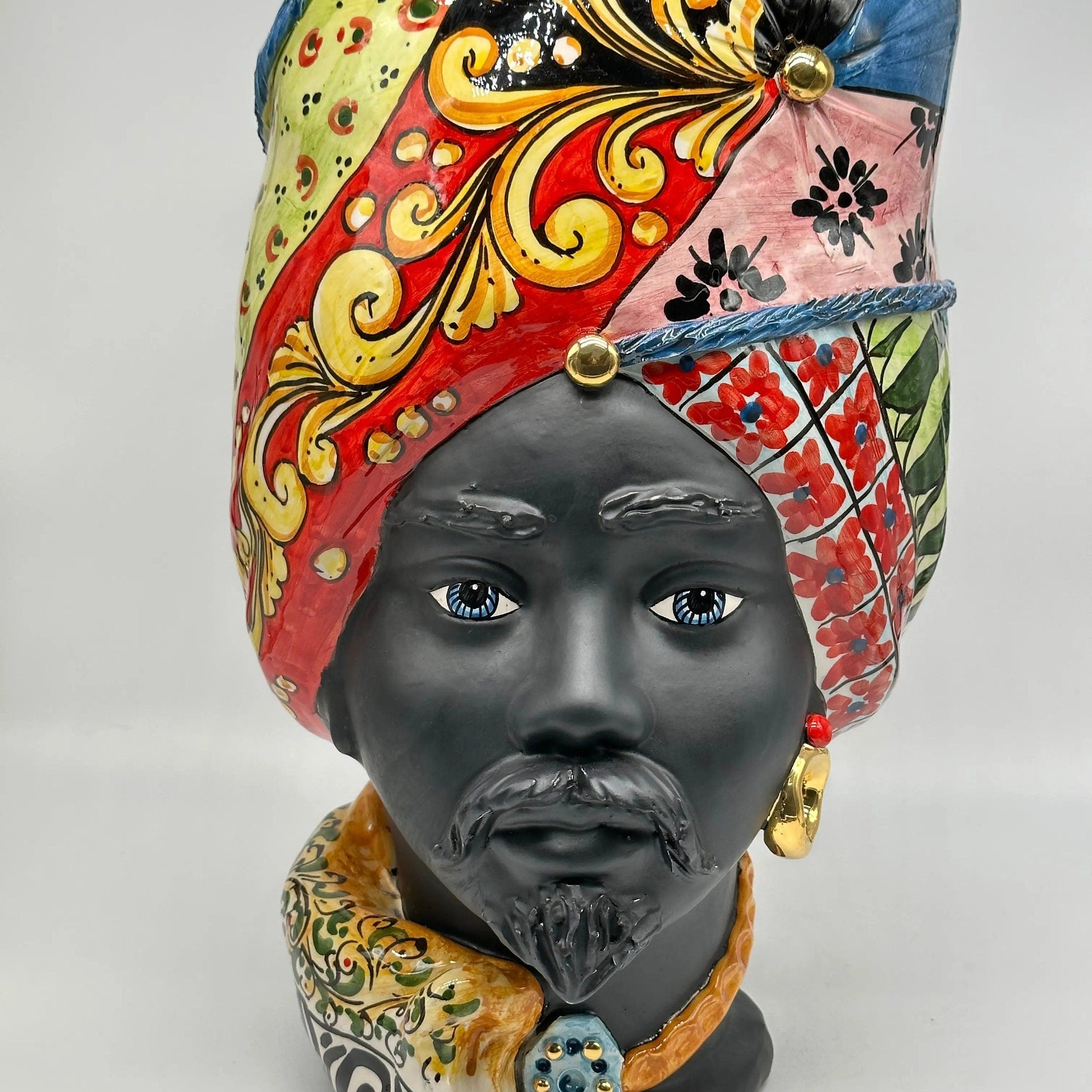 Teste di Moro Horus Ceramica Caltagirone cm H.40 L.23 Artigianale Decorazione “Carretto2” DD CERAMICHE SICILIANE