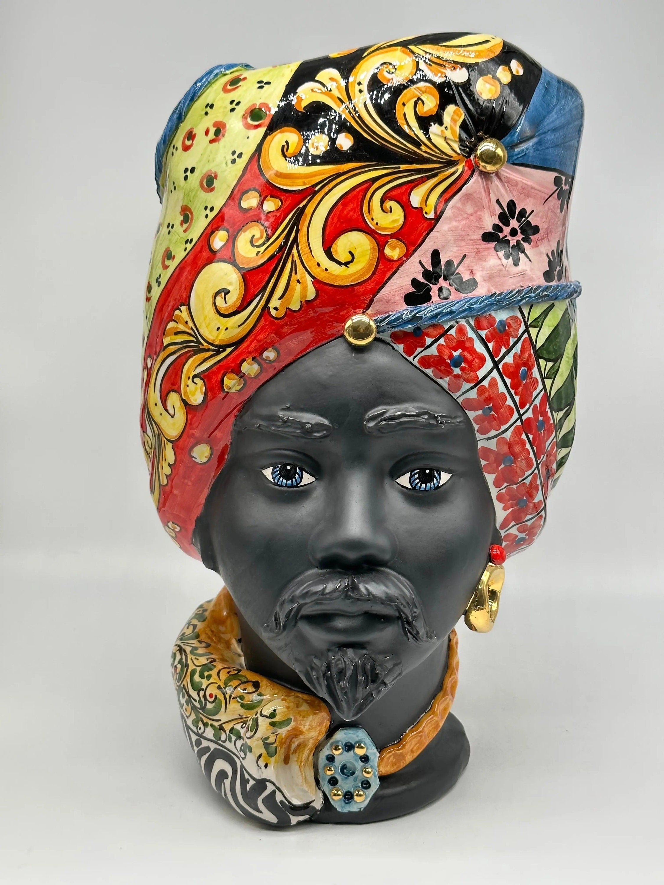 Teste di Moro Horus Ceramica Caltagirone cm H.40 L.23 Artigianale Decorazione “Carretto2” DD CERAMICHE SICILIANE