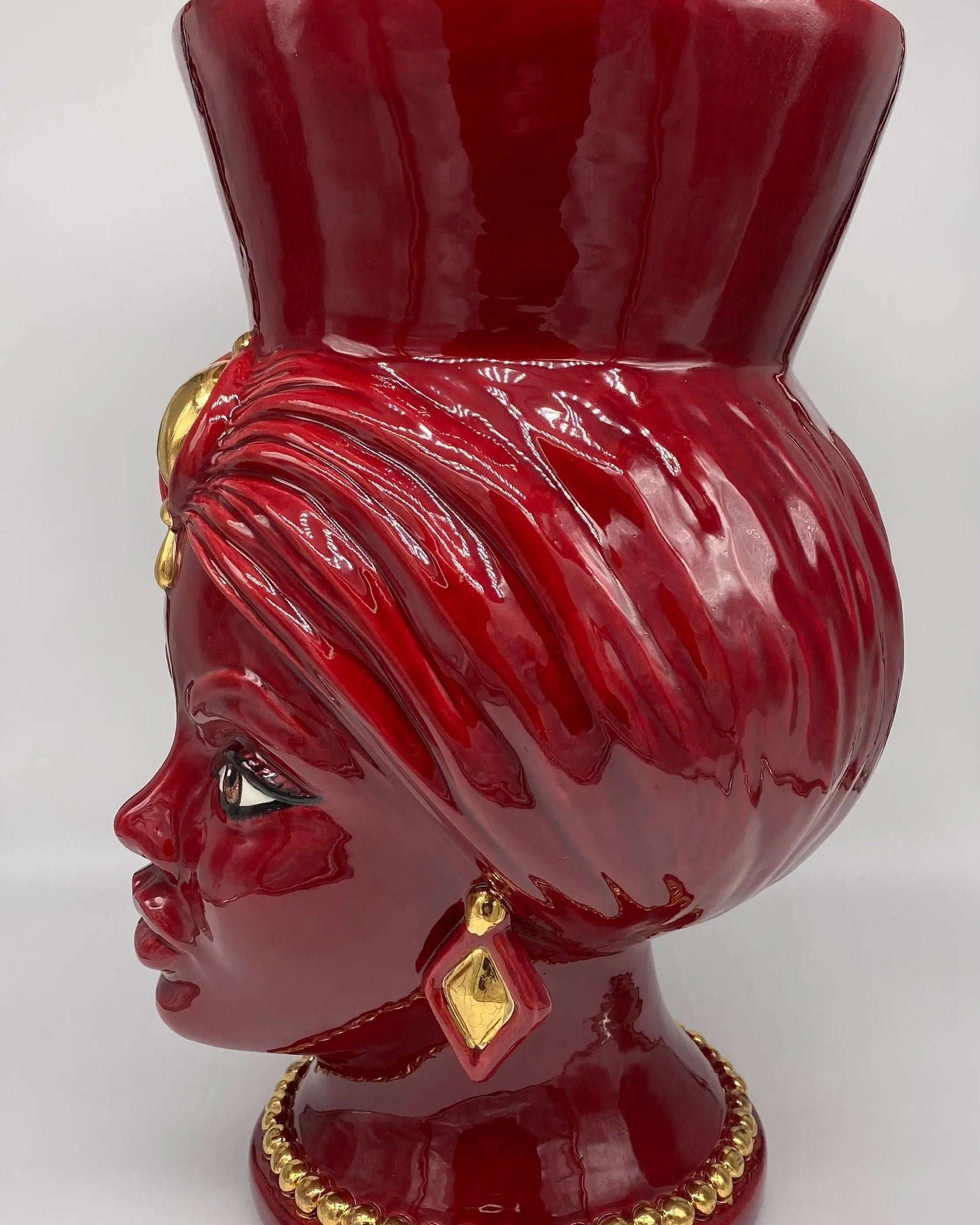 Teste di Moro Iris Ceramica Caltagirone cm H.40 L.23 Artigianale Bordeaux Oro Zecchino DD CERAMICHE SICILIANE