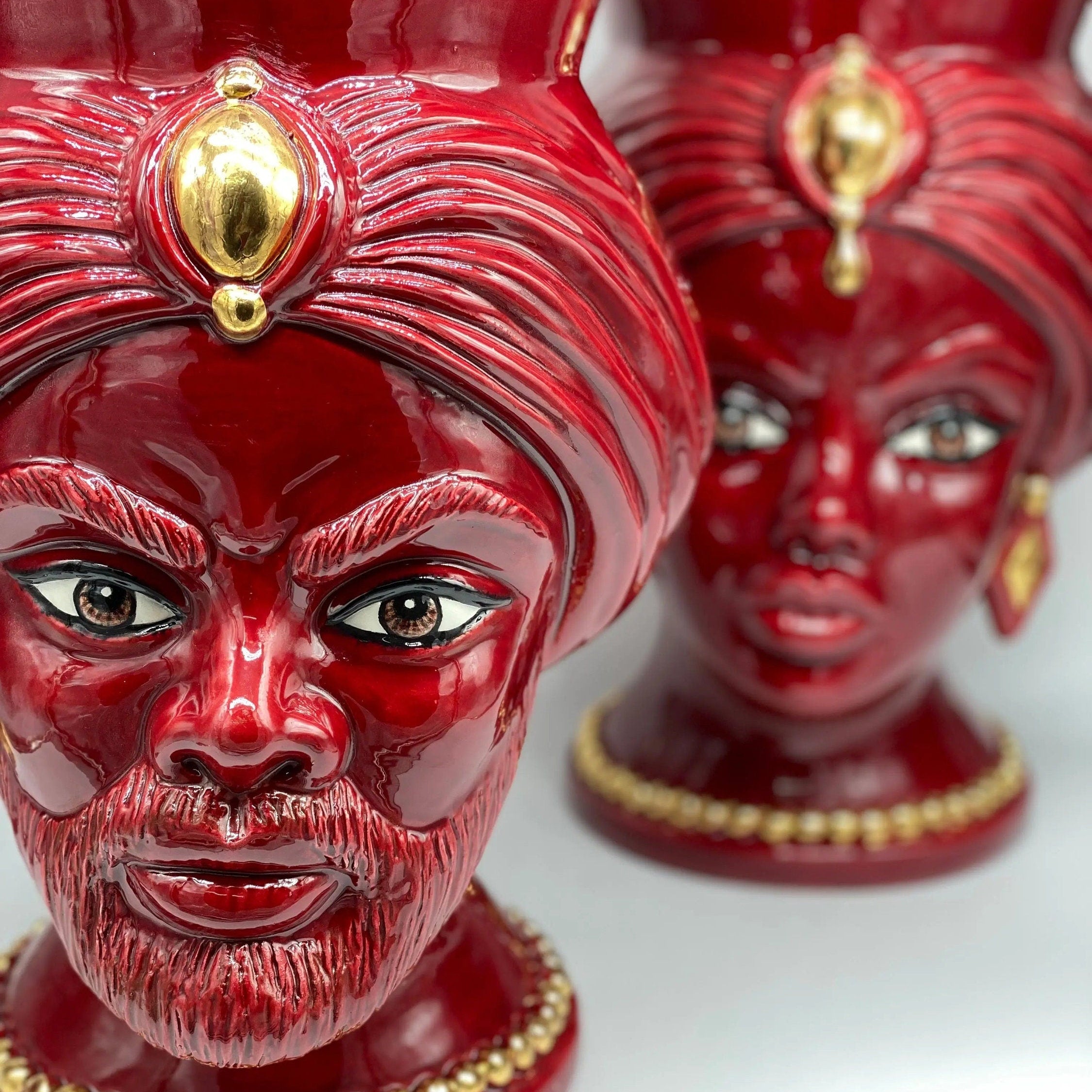 Teste di Moro Iris Ceramica Caltagirone cm H.40 L.23 Artigianale Bordeaux Oro Zecchino DD CERAMICHE SICILIANE