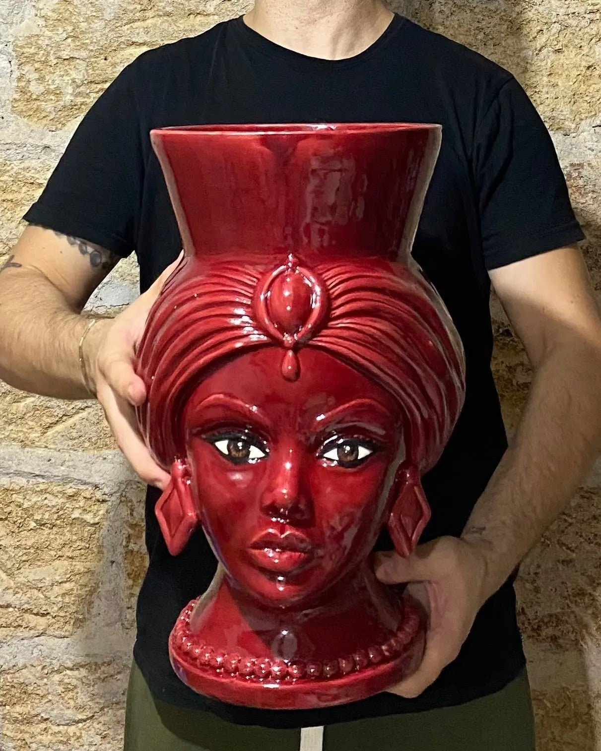Teste di Moro Iris Ceramica Caltagirone cm H.40 L.23 Artigianale Bordeaux DD CERAMICHE SICILIANE