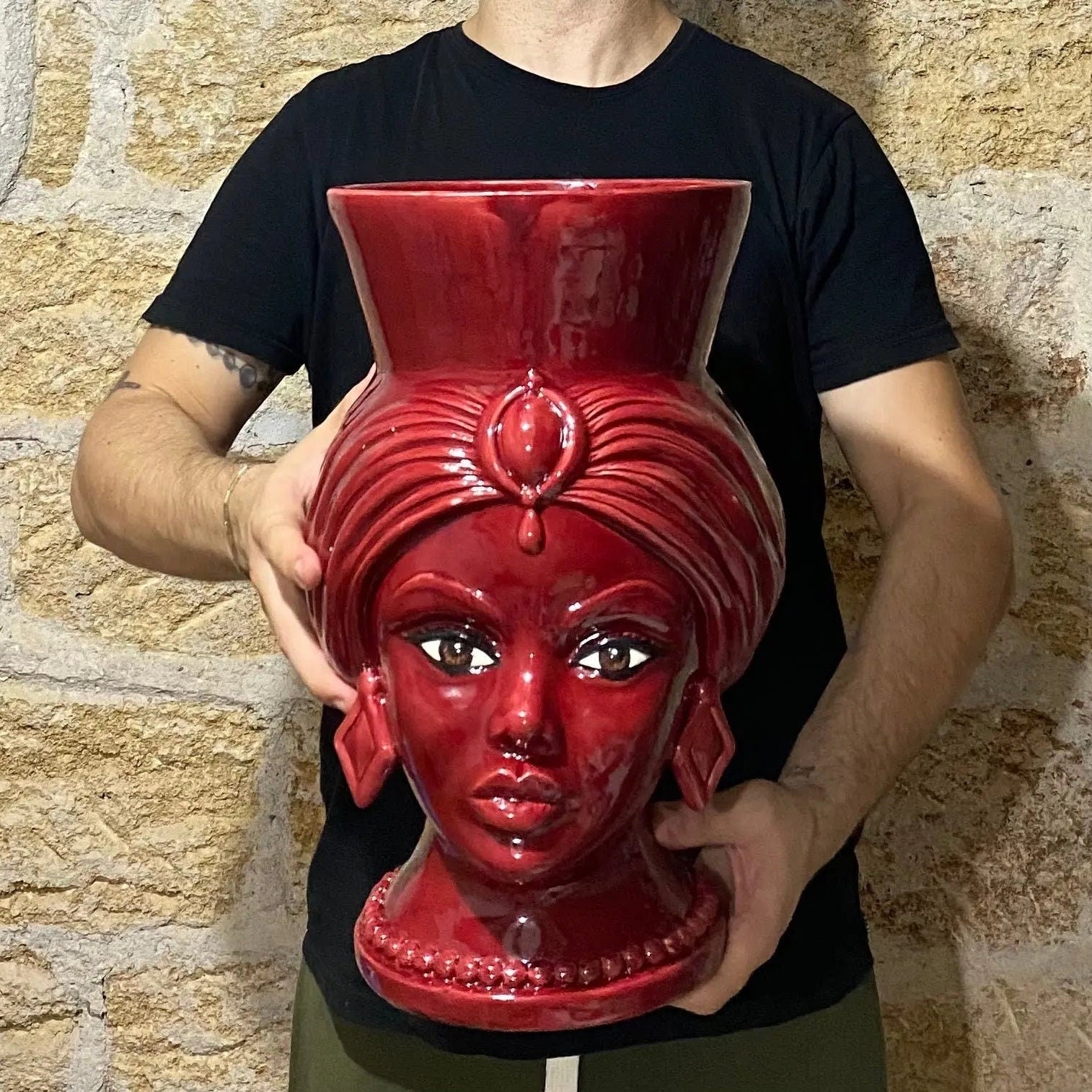 Teste di Moro Iris Ceramica Caltagirone cm H.40 L.23 Artigianale Bordeaux DD CERAMICHE SICILIANE